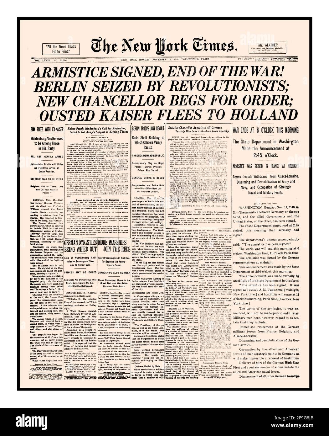 Historischer Waffenstillstand aus dem 1. Weltkrieg unterzeichnet am 11. November 1918 Das Ende des Ersten Weltkriegs, wie von berichtet Die New York Times USA Stockfoto
