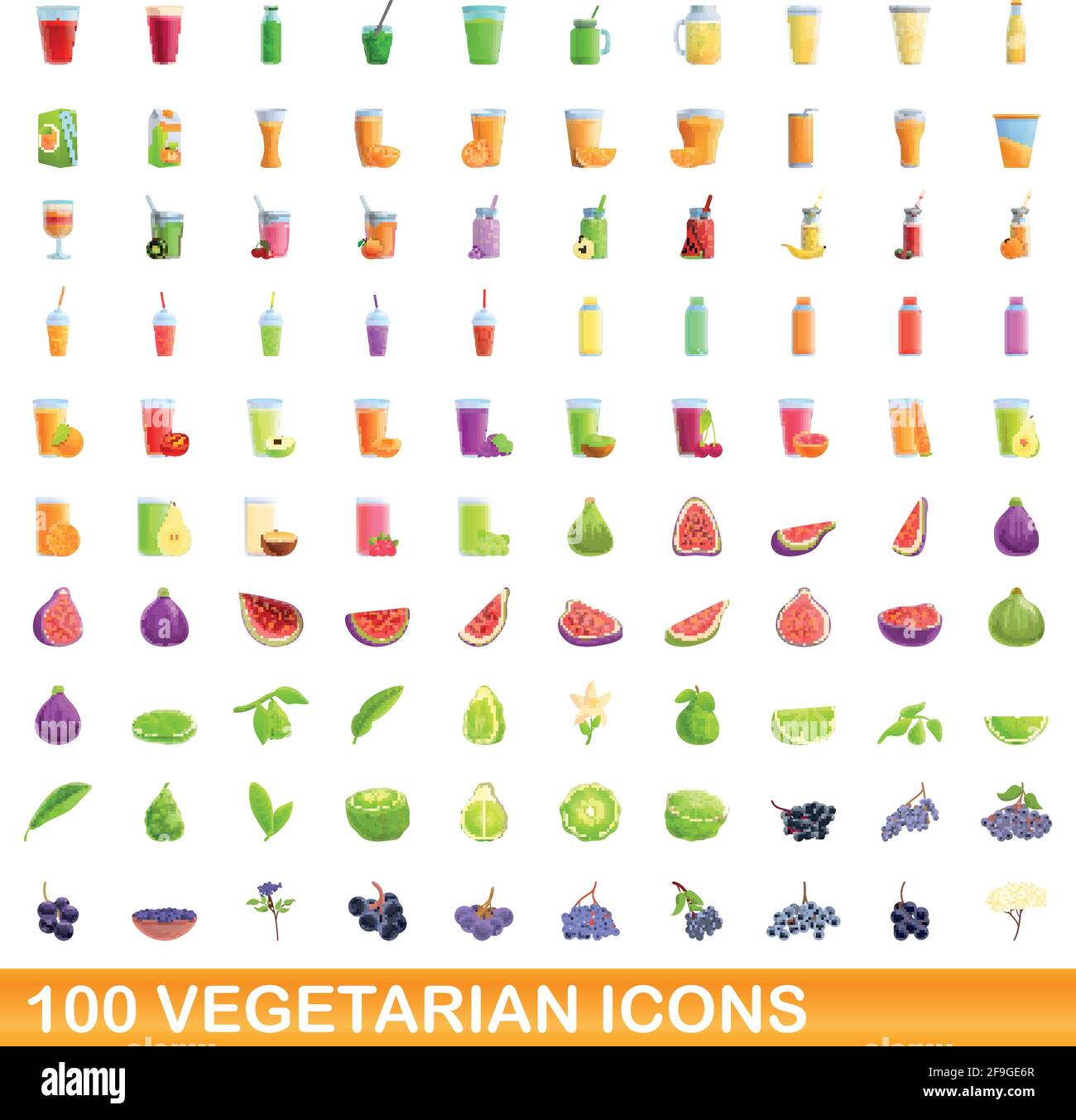 100 vegetarische Symbole gesetzt. Cartoon Abbildung: 100 vegetarische Symbole Vektor auf weißem Hintergrund einstellen Stock Vektor