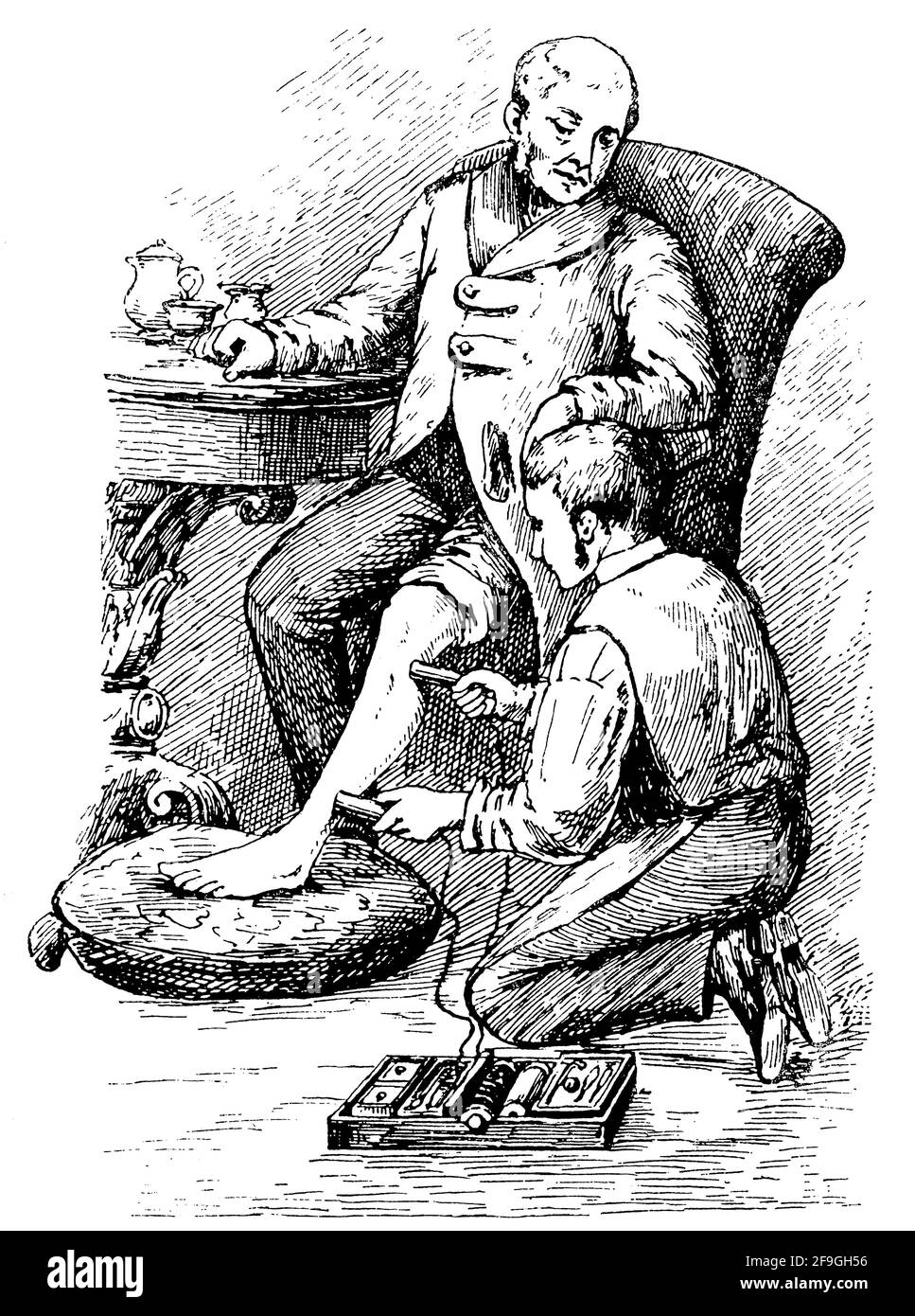 Elektrotherapie eines gelähmten Beins. Illustration des 19. Jahrhunderts. Deutschland. Weißer Hintergrund. Stockfoto