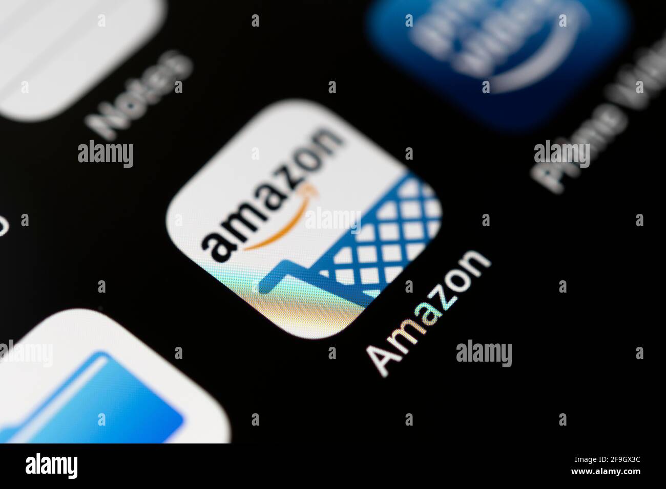 Amazon App, E-Commerce, Logo, App-icon, Anzeige auf einem Bildschirm vom Handy, Smartphone, Makroaufnahme, Detail, formatfuellend Stockfoto
