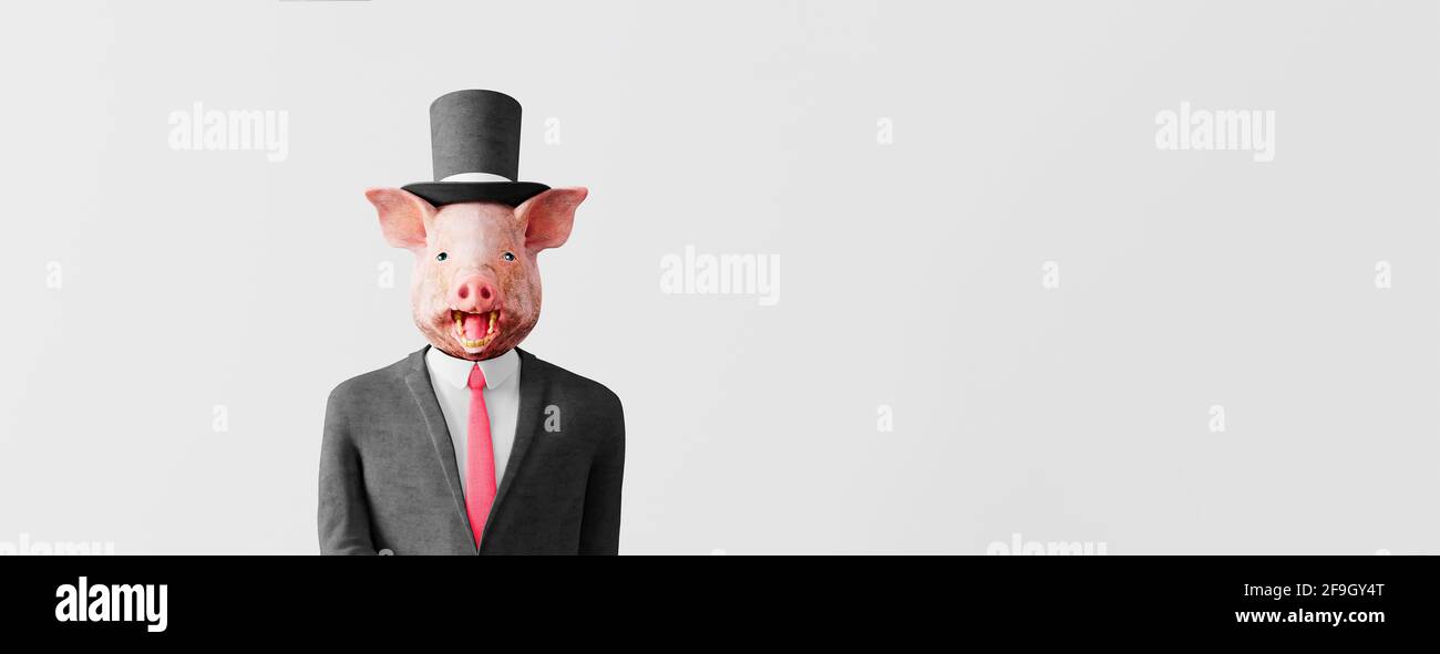 Porträt eines Schweins in einem Geschäftsanzug auf Weiß 3D-Darstellung im Hintergrund Stockfoto