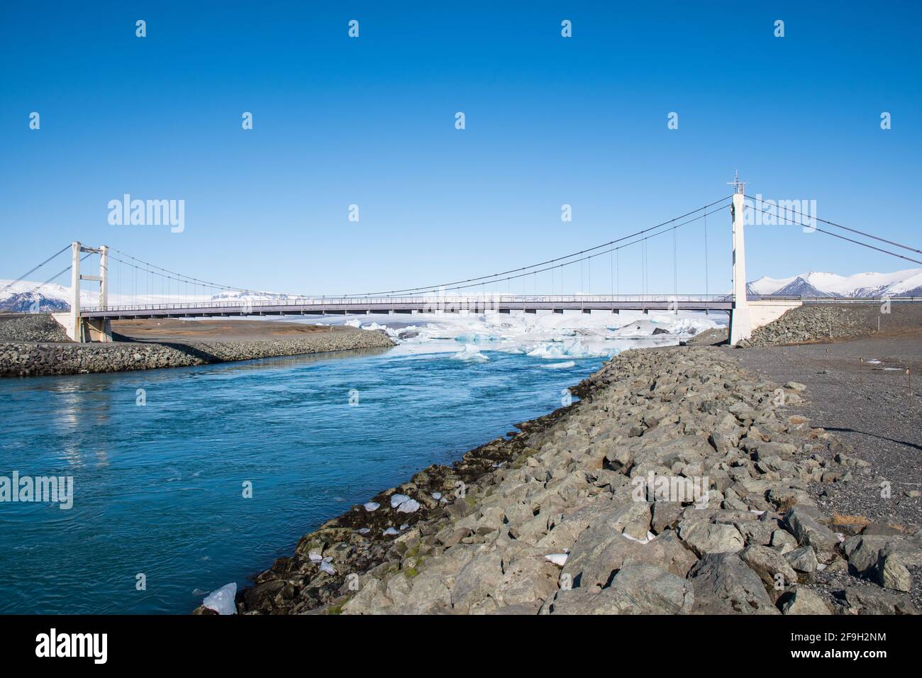 Die Brücke über den Fluss Jokulsa an der Jokulsarlon Glacier Lagune südisland Stockfoto