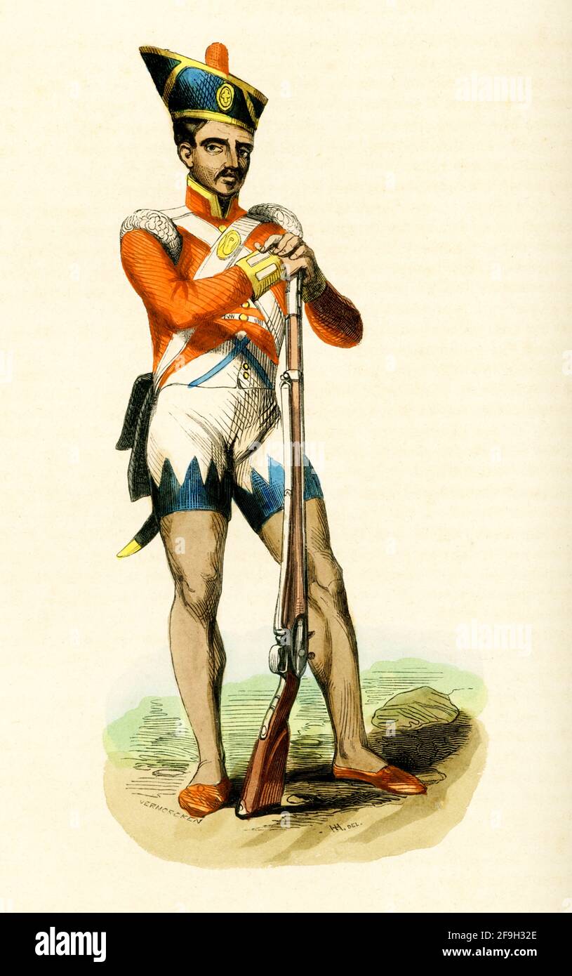 Diese Illustration aus den 1840er Jahren zeigt einen hinduistischen oder indischen Soldaten. Stockfoto