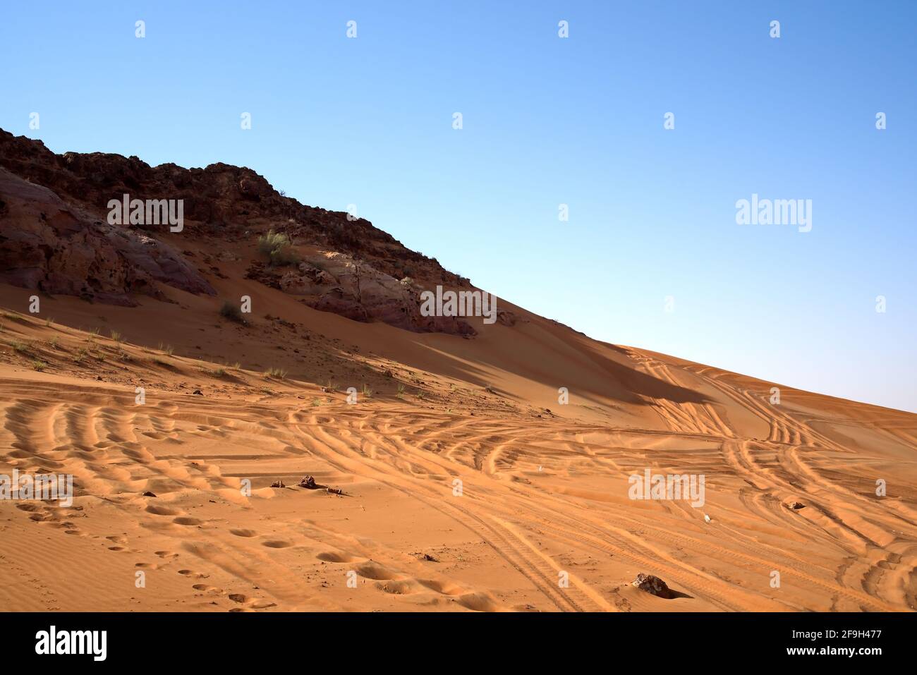 Ein schöner Blick auf die rosa Felsenwüste unter einem Klarer Himmel in den Vereinigten Arabischen Emiraten Stockfoto