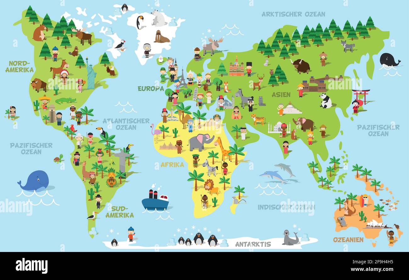 Lustige Cartoon-Weltkarte mit Kindern verschiedener Nationalitäten, Tieren und Denkmälern aller Kontinente und Ozeane. Namen auf deutsch. Vektor-Abb. Stock Vektor