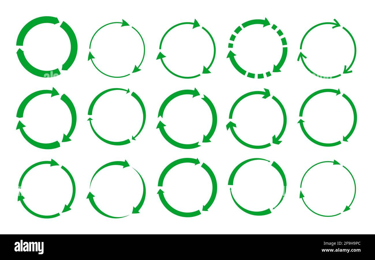 Grüne Silhouette rund recyceln Symbole gesetzt. Drehen Sie die Kreispfeilsymbole. Eco-Rotation, Infografiken-Element für Website, Apps. Logo für die Verwendung recycelter Ressourcen. Isoliert auf weißer Vektorgrafik Stock Vektor