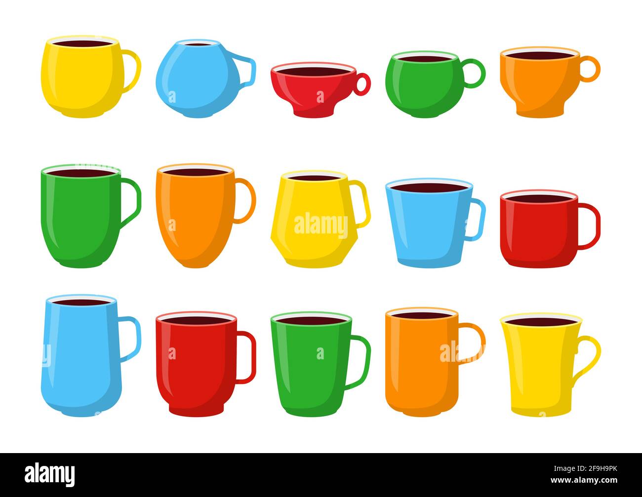 Farbige Tassen mockup gefüllten Kaffee. Verschiedene Form und Farbe Tee Tassen rot, grün, gelb Vorlage für Design-Logo für den Shop. Einfache Tasse Cartoon-Stil mit Platz. Isoliert auf weißer Vektorgrafik Stock Vektor