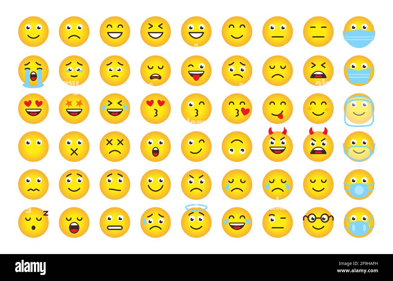 Lustige Cartoon Emoji von gelben Gradienten. Symbol für Stimmung oder Gesichtsemotion für digitale Chat-App-Objekte. Gesichter, die verrückt, lustig, traurig, wütend sind. Emoticons in Maske. Isoliert auf weißer Vektorgrafik Stock Vektor