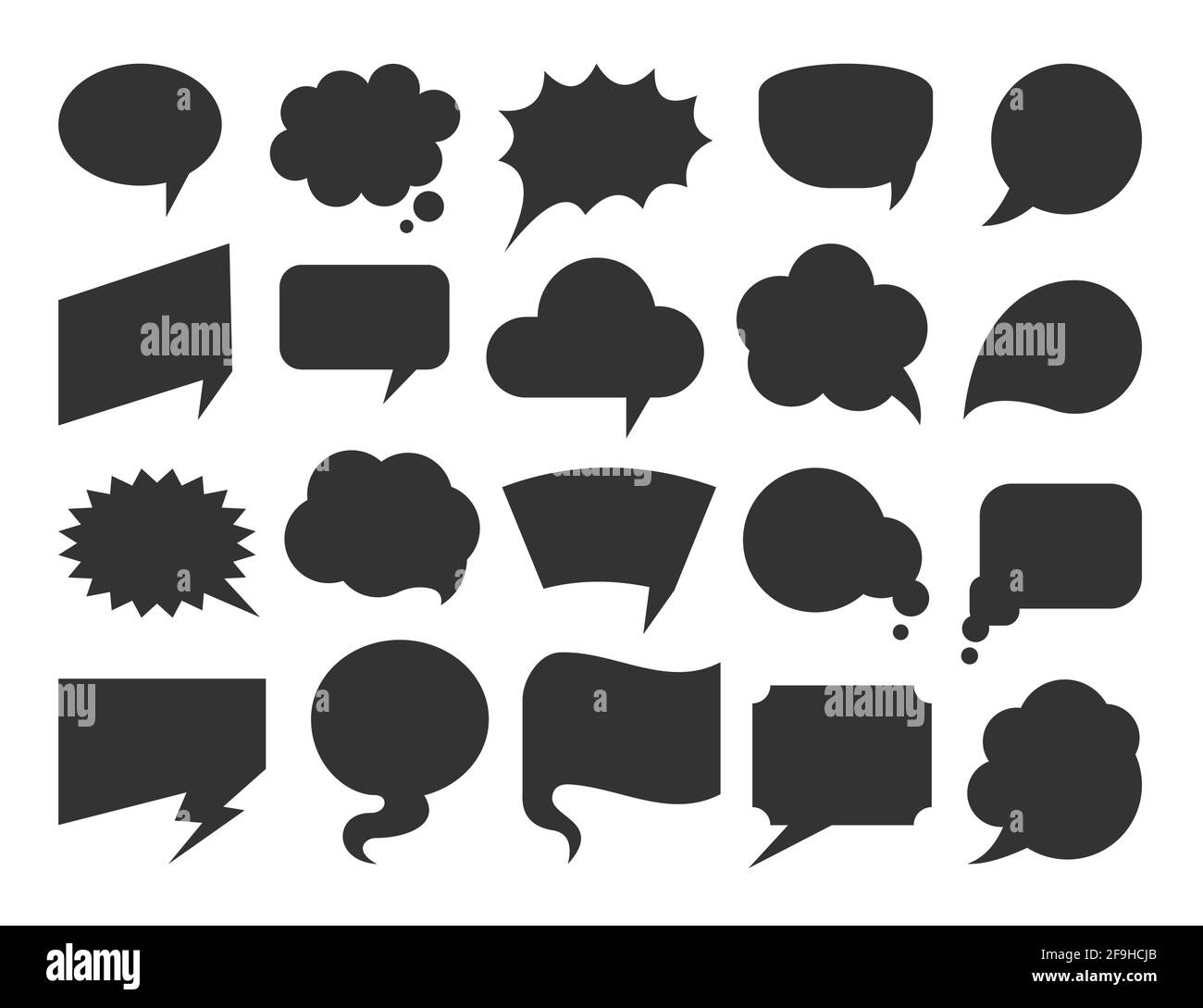 Sprechblase schwarz flacher Satz. Leere Comic-Textrahmen. Leere Cartoon Cloud Ballon für Chat-Nachricht, Social-Media-Dialog. Verschiedene Formen sprechen Think Design Elemente isoliert auf weißem Hintergrund Stock Vektor