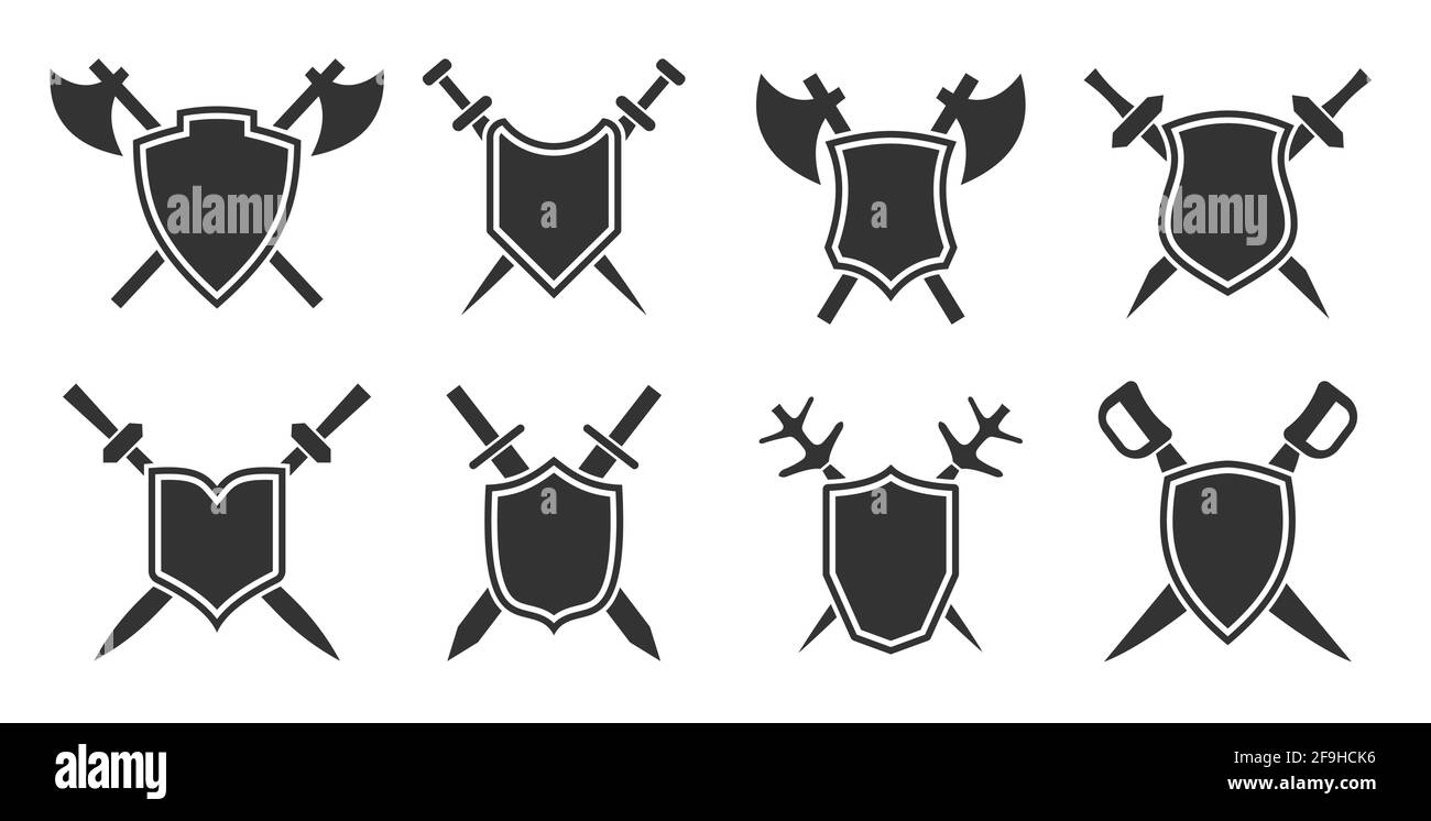 Schild mit gekreuztes Schwert, Poleaxe, Säbelsymbol-Set. Mittelalterliches Wappenheraldik schwarzes Symbol auf weißem Hintergrund isoliert. Retro Outline Military Logo Design. Schutzpanzerung, Schutzschild Stock Vektor