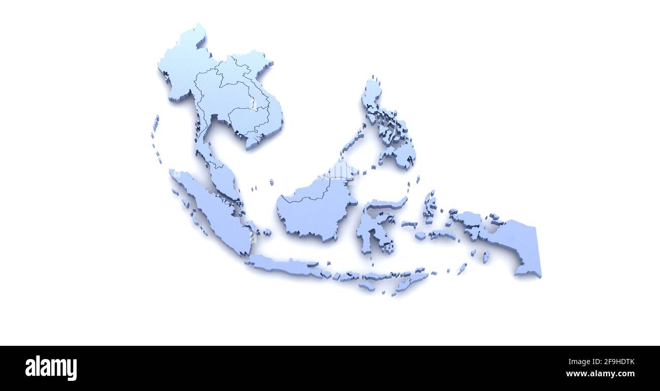 ASEAN-Union. Südasien Länder Karte und Flagge 3D-Illustrationen auf weißem Hintergrund. Stockfoto