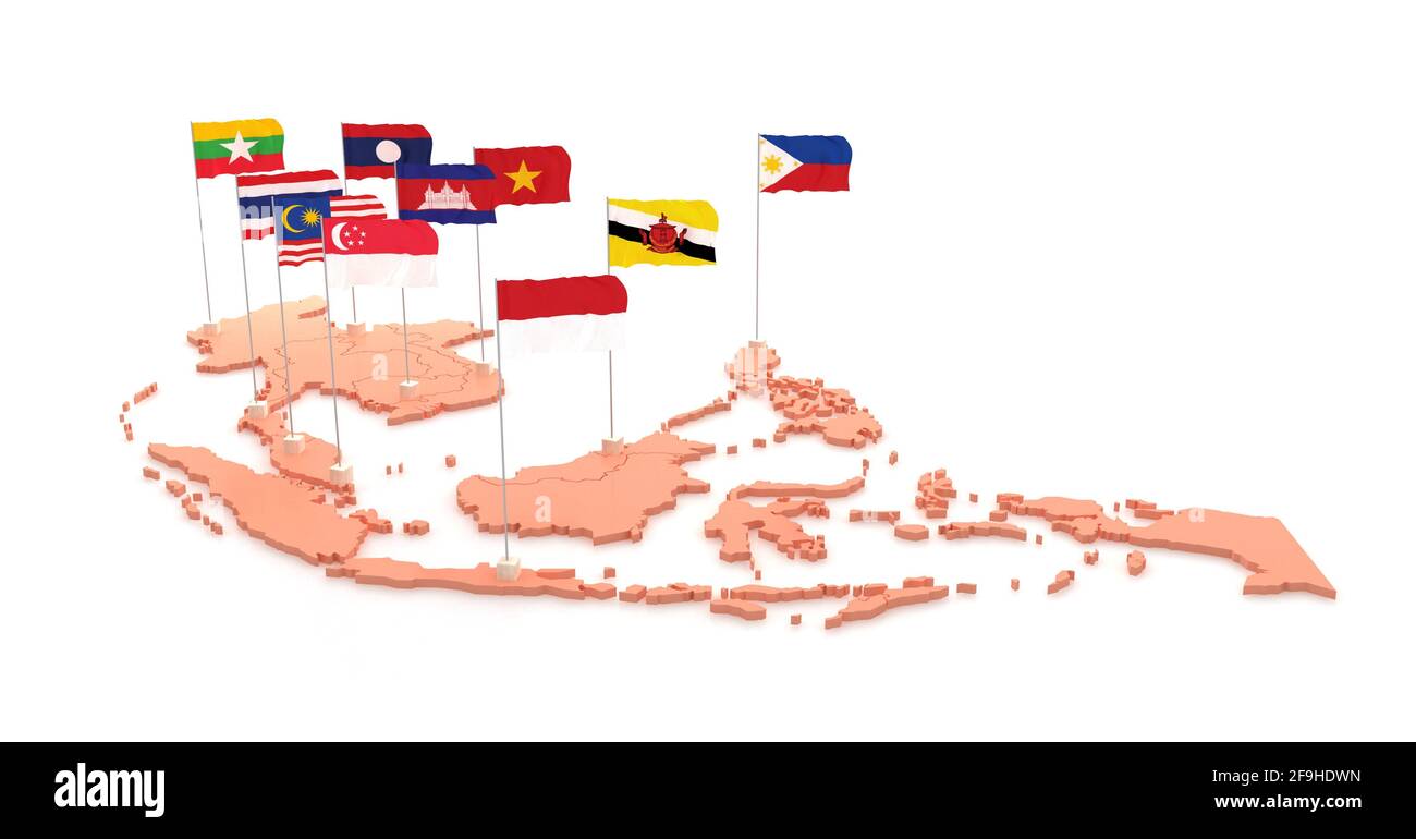 ASEAN-Union. Südasien Länder Karte und Flagge 3D-Illustrationen auf weißem Hintergrund. Stockfoto