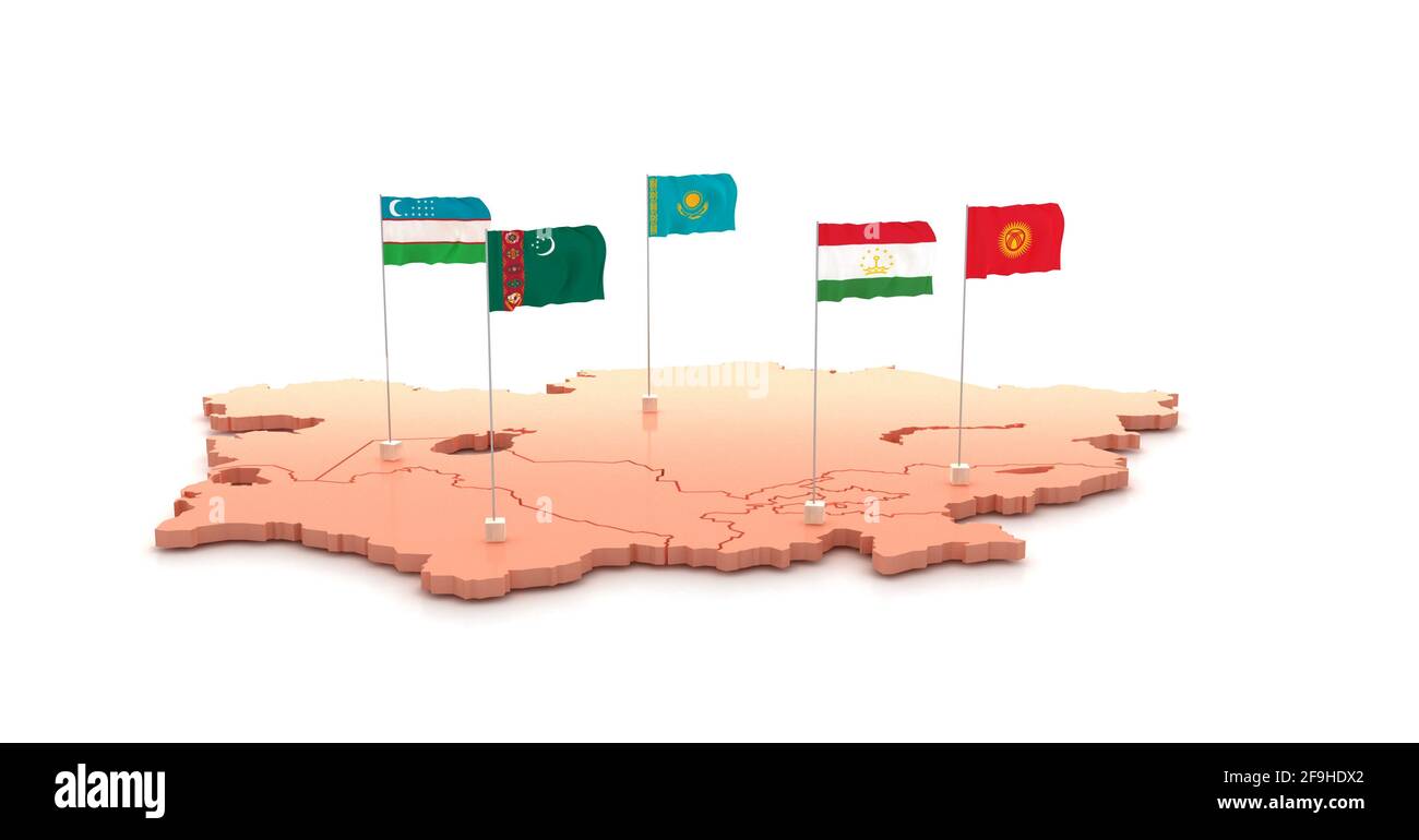 zentralasienunion. zentralasiatische Länder zeigen 3D-Abbildungen mit Karten und Flaggen auf weißem Hintergrund. Stockfoto