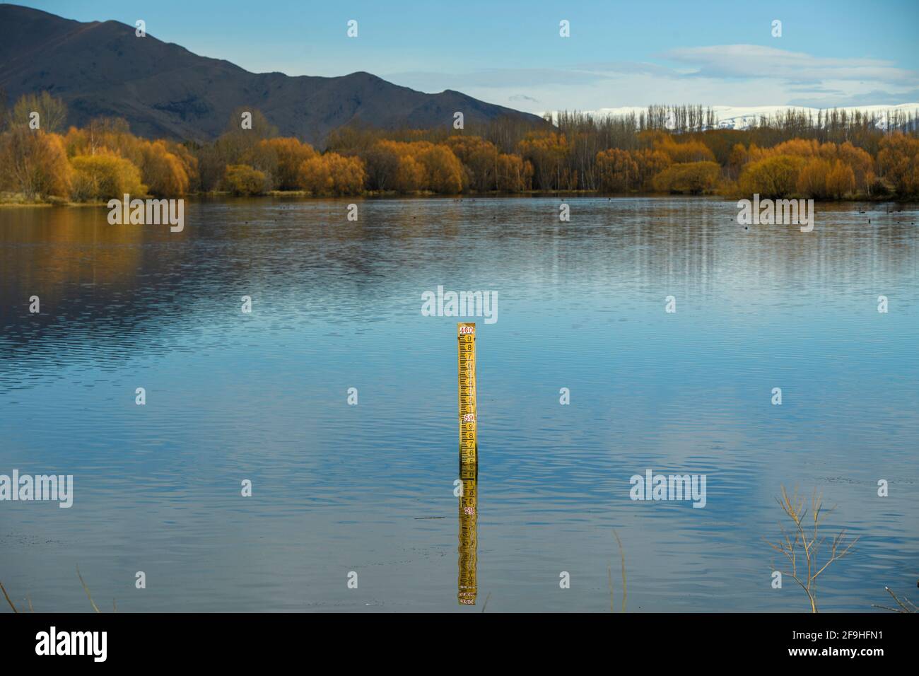 Wasserstand Messmast Hintergrund sind Berge und Bäume im Fall eines Sees auf der ländlichen Südinsel, Neuseeland. Stockfoto