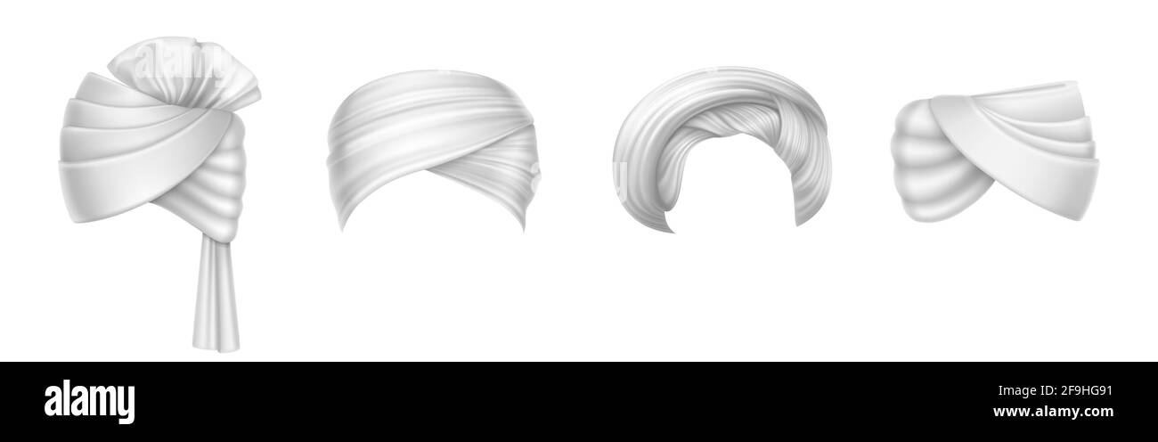 Turbans, indischer und arabischer Kopfschmuck für Mann und Frau. Vektor realistische Satz von leeren Wickeln Kopftücher, traditionelle Kleidung in Indien, pagdi isoliert auf weißem Hintergrund Stock Vektor