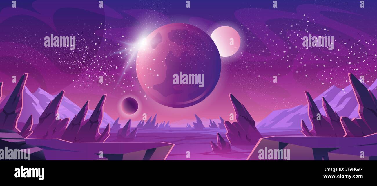 Weltraumhintergrund mit violetter Planetenlandschaft, Sternen, Satelliten und außerirdischen Planeten am Himmel. Vektor Cartoon Fantasy Illustration von Kosmos, geknackt Steinoberfläche mit Felsen und Bergen Stock Vektor