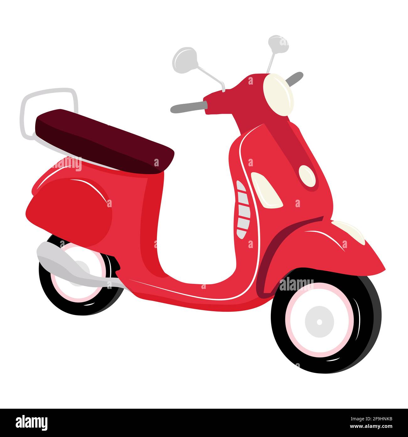Rote Vintage-Roller auf weißem Hintergrund isoliert, Vektor-Illustration, Stadtleben, fahren Sie ein Motorrad in der Stadt. Mieten Sie sich ein Motorrad. Lieferung von Lebensmitteln und Boxen Stock Vektor