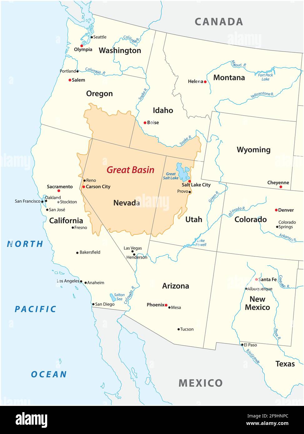 Vektorkarte des Großen Beckens im Westen der Vereinigten Staaten Status Stock Vektor