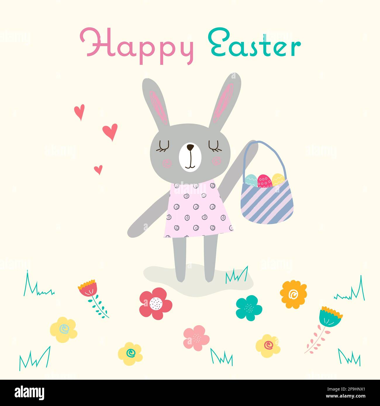 Frohe Ostern Grußkarte mit einem osterhasen Mädchen in Kleid, bemalten Eiern und einem Korb umgeben von Blumen und Gras. Hell, lustig, niedlich editierbar Stock Vektor