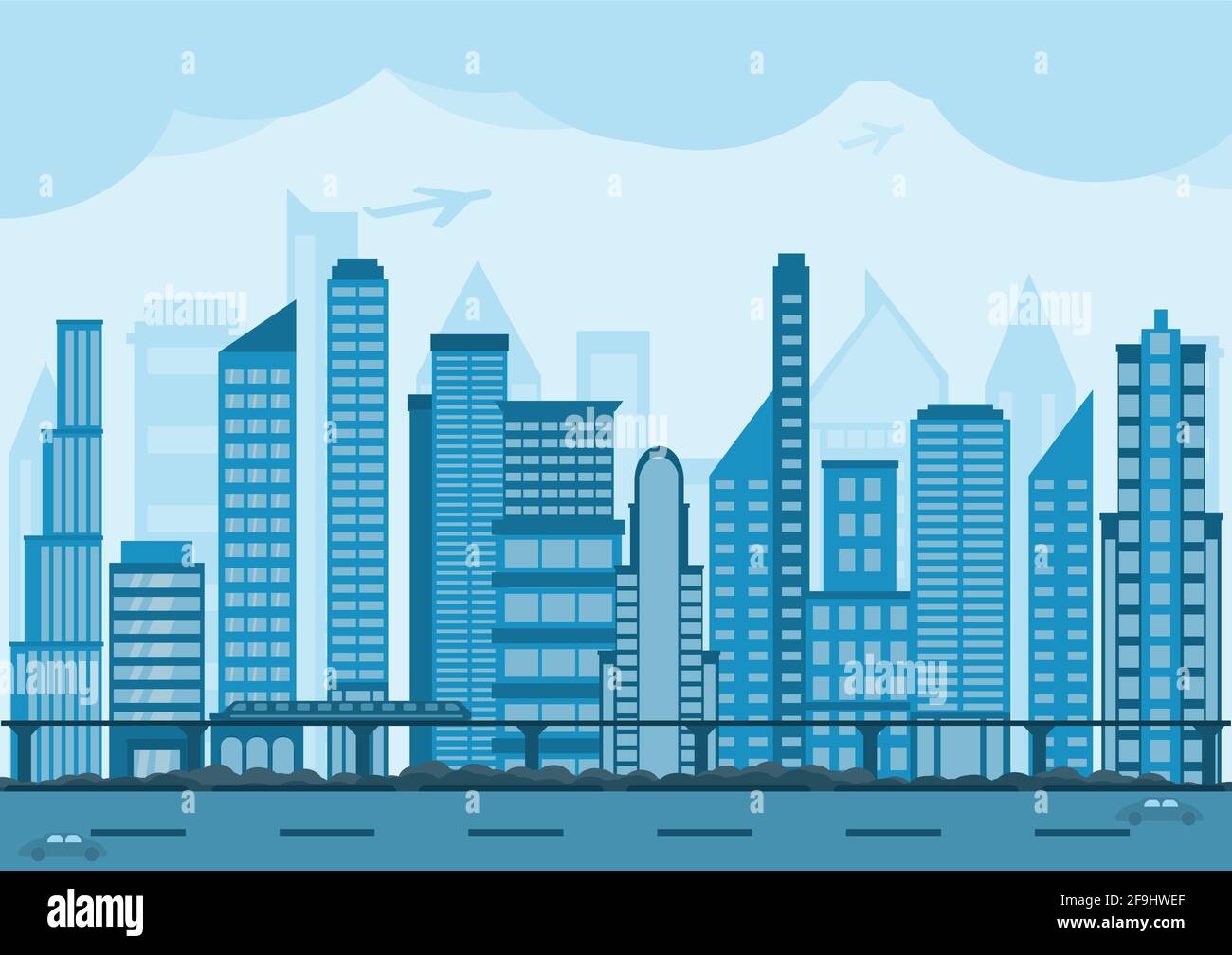 Stadtbild flach smart Stadt Umwelt Hintergrund Vektor. Blaues Thema mit großem Wolkenkratzer-Gebäude. Baumlinie und Architektur der Straße Stock Vektor