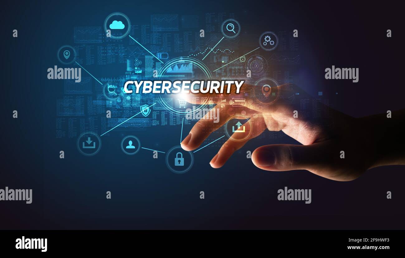 Hand berühren Cybersecurity-Taste Konzept Stockfoto