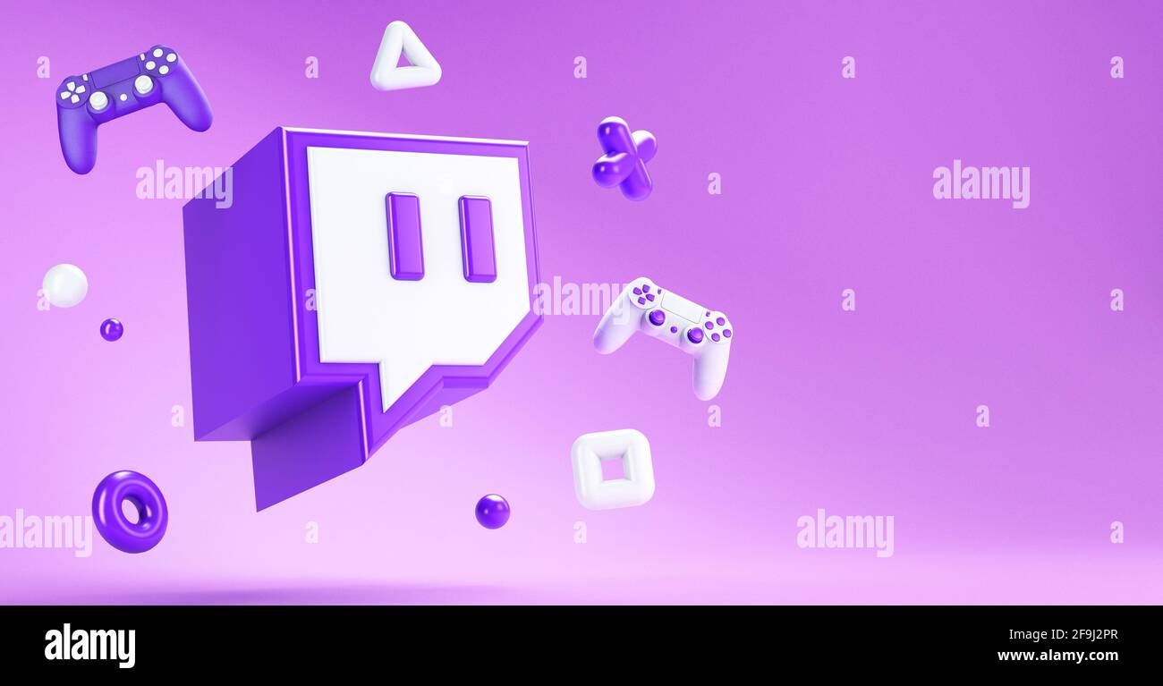 Valencia, Spanien - April, 2021: Twitch App Icon schwimmt mit Gamepads und geometrischen Objekten für den Hintergrund in 3D-Rendering. Twitch ist eine große Live-Serie Stockfoto