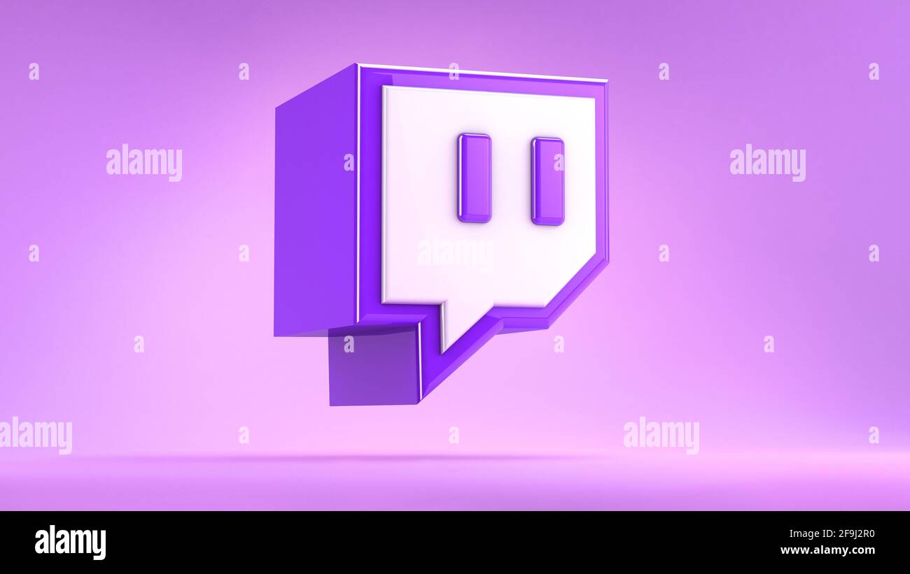 Valencia, Spanien - April, 2021: Minimal Twitch Icon isoliert auf einem violetten Hintergrund in 3D-Rendering. Twitch ist eine große Live-Streaming- und Video-Plattform Stockfoto