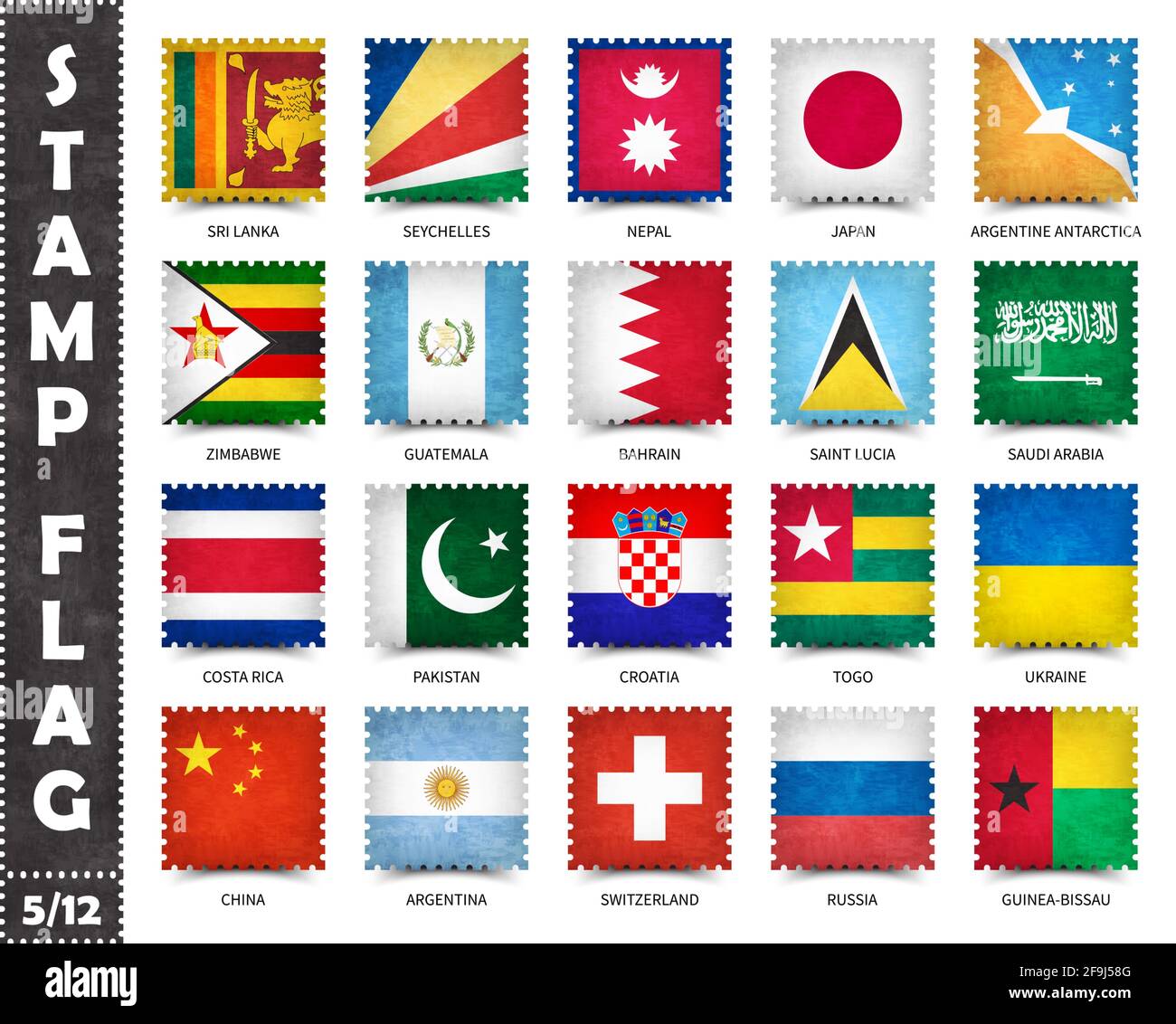 Stempel mit offiziellem Länderflaggenmuster und alter Grunge-Textur und Ländername. Quadratische Form . Vektor . Set 5 von 12 auf dieser Serie ( Alle nationalen Stock Vektor