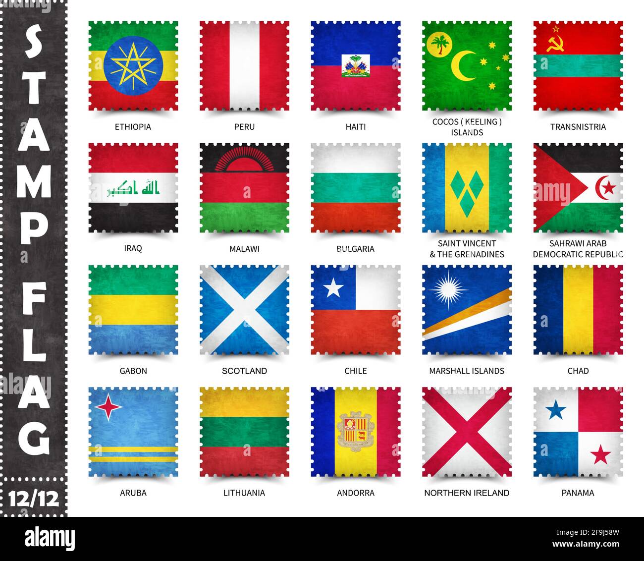 Stempel mit offiziellem Länderflaggenmuster und alter Grunge-Textur und Ländername. Quadratische Form . Vektor . Set 12 von 12 auf dieser Serie ( Alle nationa Stock Vektor