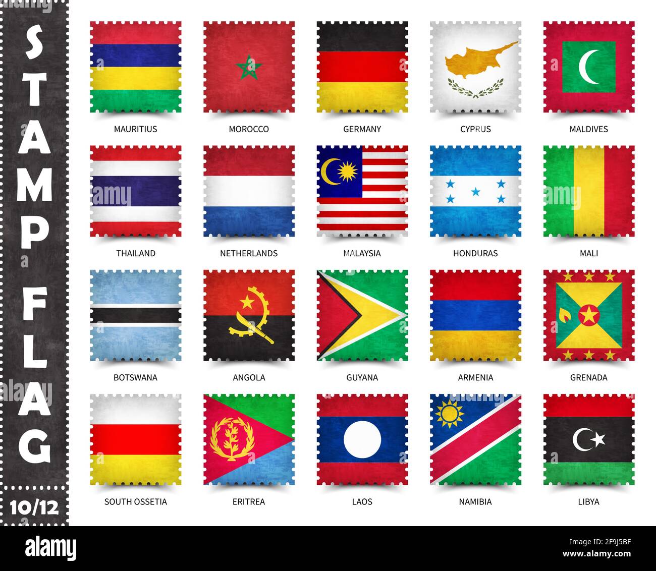 Stempel mit offiziellem Länderflaggenmuster und alter Grunge-Textur und Ländername. Quadratische Form . Vektor . Set 10 von 12 auf dieser Serie ( Alle nationa Stock Vektor