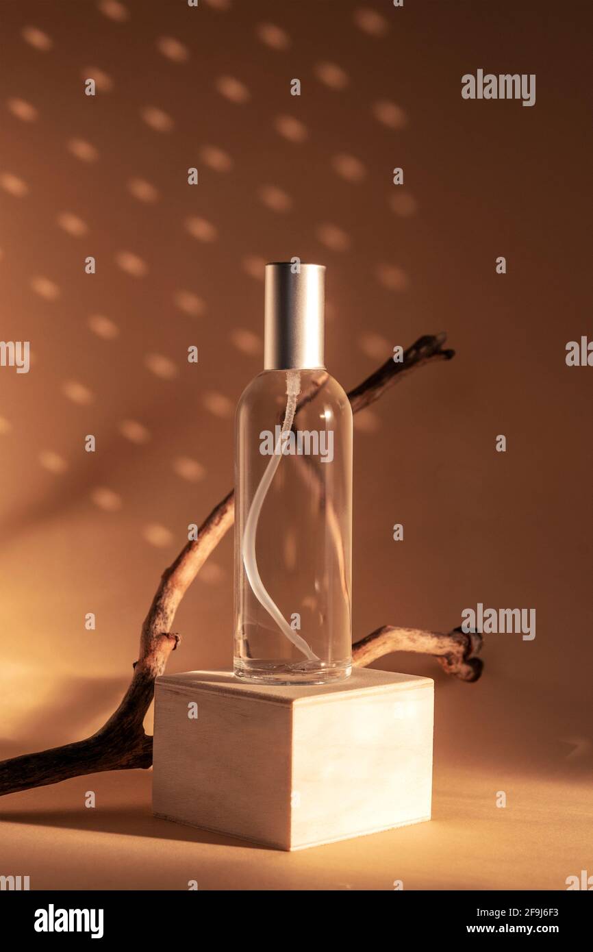 Naturkosmetik Tonic Glasflasche auf einem Holzpodium. Alternative Medizin, Schönheit Hautpflege-Produkt. Speicherplatz kopieren. Schöne Schatten auf dem Rücken Stockfoto