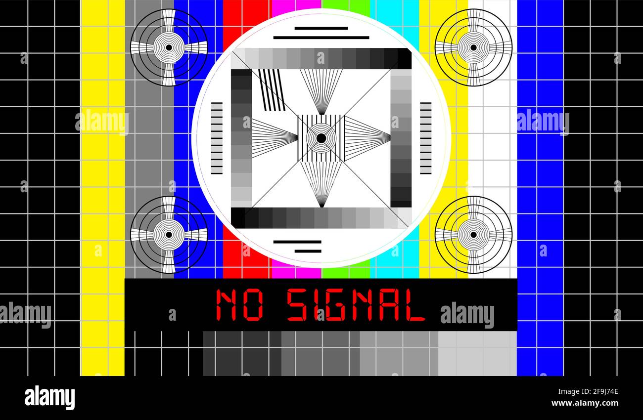 Vintage-TV-Testmuster mit Beschriftung kein Signal, offline, Störung, Fehlerzeichen, Vektor, Website unten Fehlerzeichen, Vektor Stock Vektor