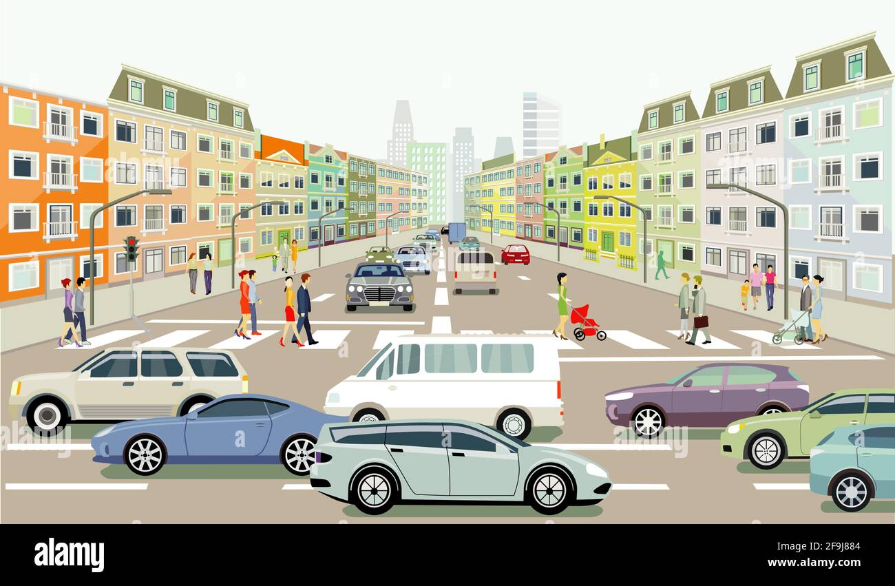 Straßenverkehr mit Menschen auf dem Zebrastreifen, Illustration Stock Vektor
