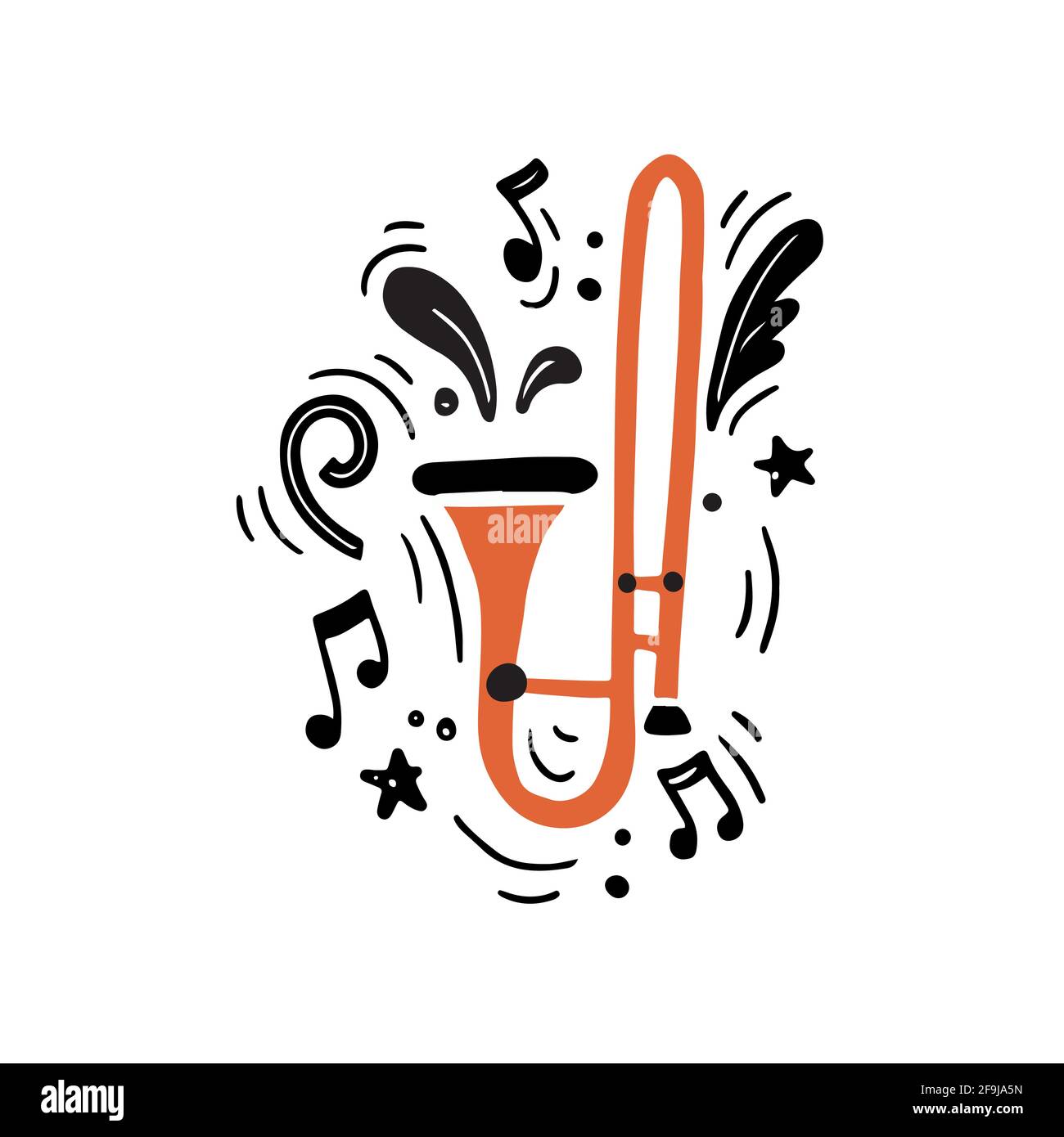Minimalistische, handgezeichnete Vektordarstellung von traditionellem Messing im flachen Stil Instrument der hellen orange Farbe genannt Posaune spielt laute Musik Inmitten schwarzer Noten und kreativer Musik Stock Vektor