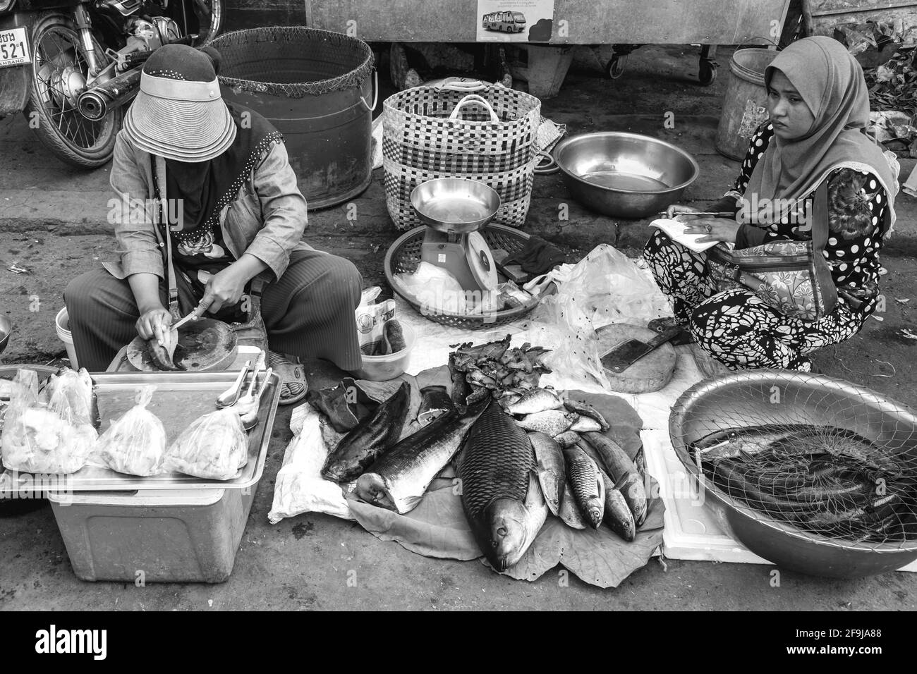Lokale Frauen, die frischen Fisch Auf Dem Fischmarkt Psar Nath, Battambang, Kambodscha, reinigen und Zubereiten. Stockfoto