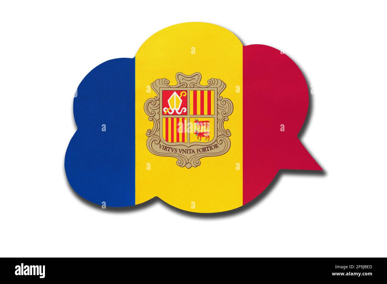 3d-Sprechblase mit Andorra-Nationalflagge auf weißem Hintergrund isoliert. Spreche und lerne Katalanisch. Symbol des Landes. Weltkommunikation SIG Stockfoto
