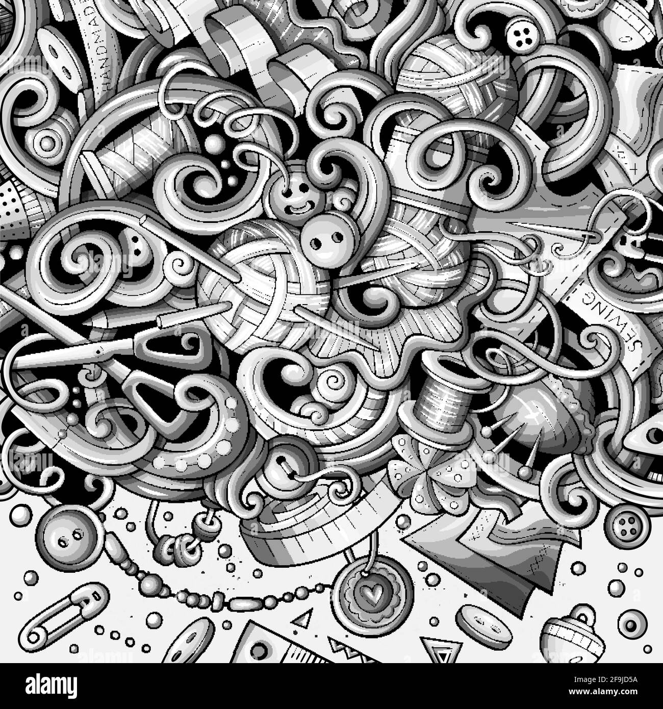 Cartoon niedliche Kritzeleien handgezeichnete handgemachte Rahmen-Design. Monochrom detailliert, mit vielen Objekten Hintergrund. Lustige Vektorgrafik. Farbiger Rand Stock Vektor