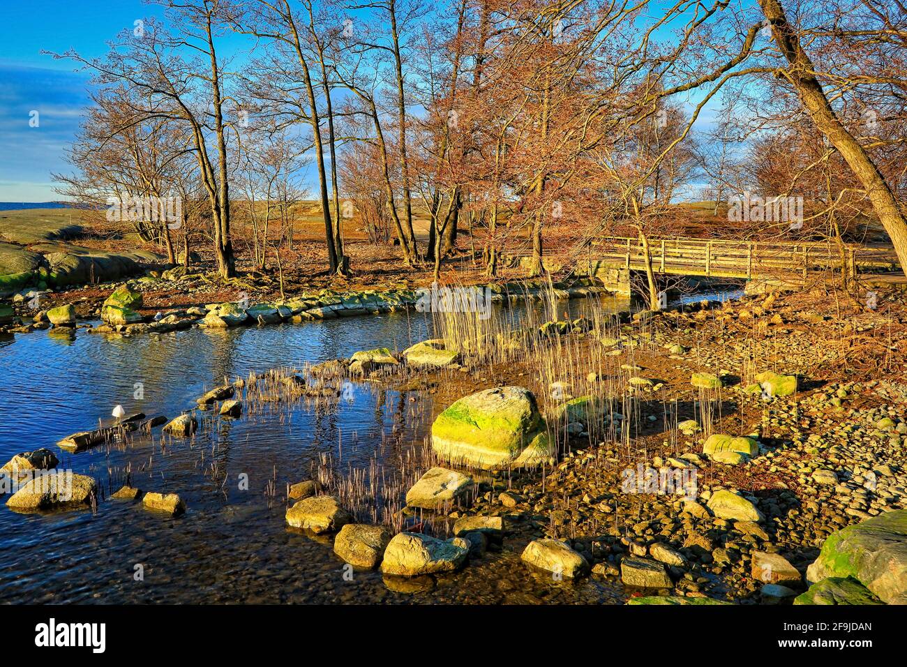 Kleine Meerenge oder kleiner Wasserkanal zwischen den beiden Inseln Uunisaari, Finnland, im goldenen Licht eines Aprilmorgens. 2020. Stockfoto