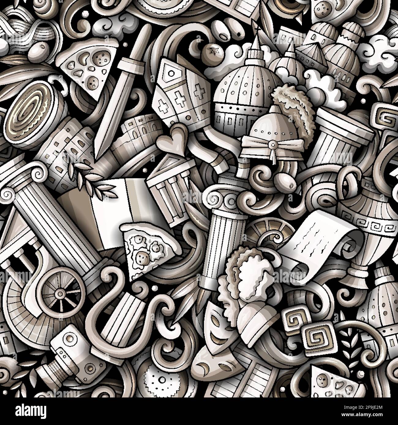 Cartoon Kritzeleien Italien nahtlose Muster. Hintergrund mit italienischen Kultursymbolen und -Gegenständen. Monochrom detailliert, mit vielen Objekten Hintergrund für prin Stock Vektor