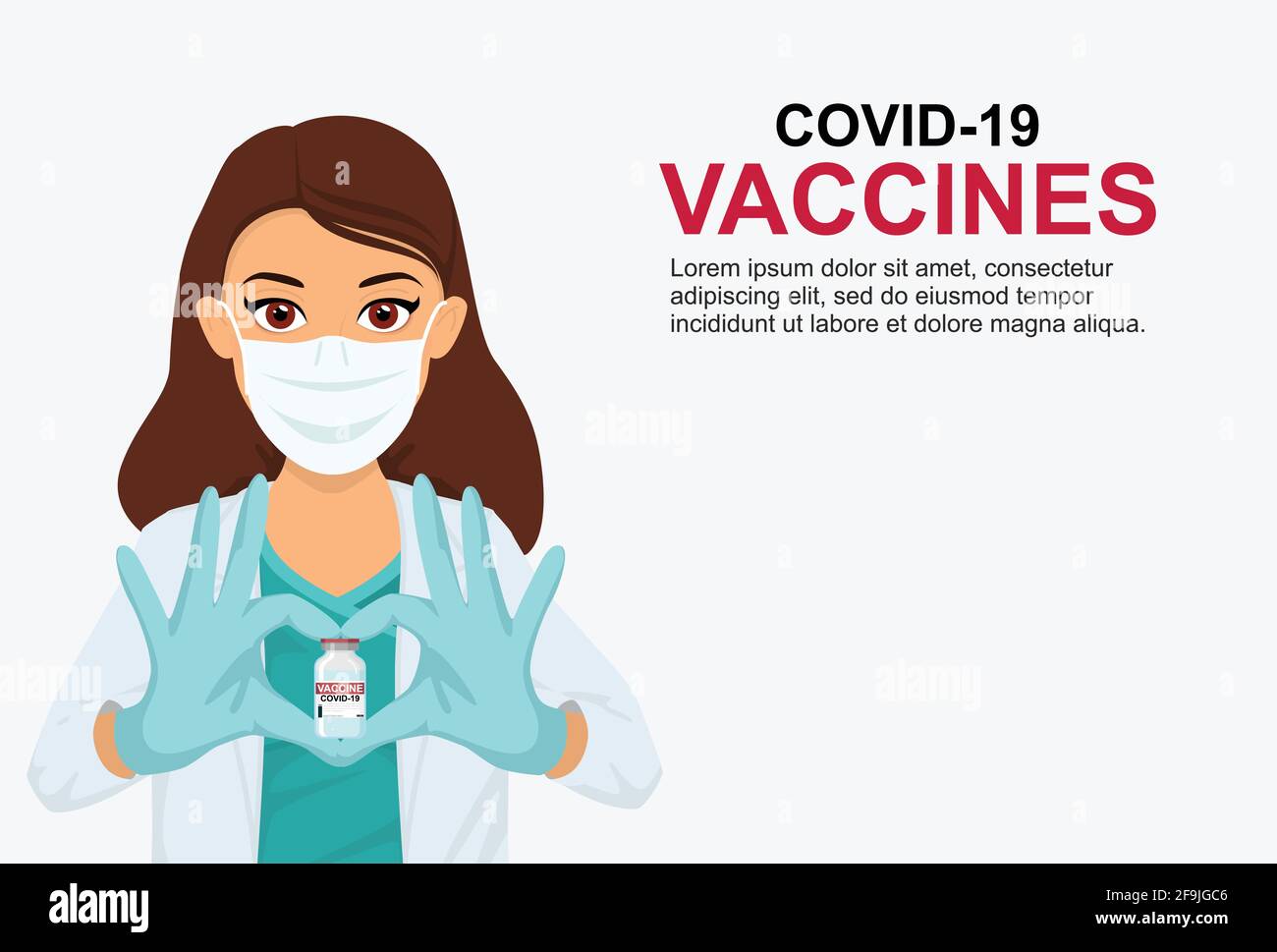 Eine Ärztin in einer Maske zeigt ihr Herz mit den Händen und hält einen Impfstoff gegen Coronavirus. Passendes Banner, Flyer. Impfung von Menschen Stock Vektor