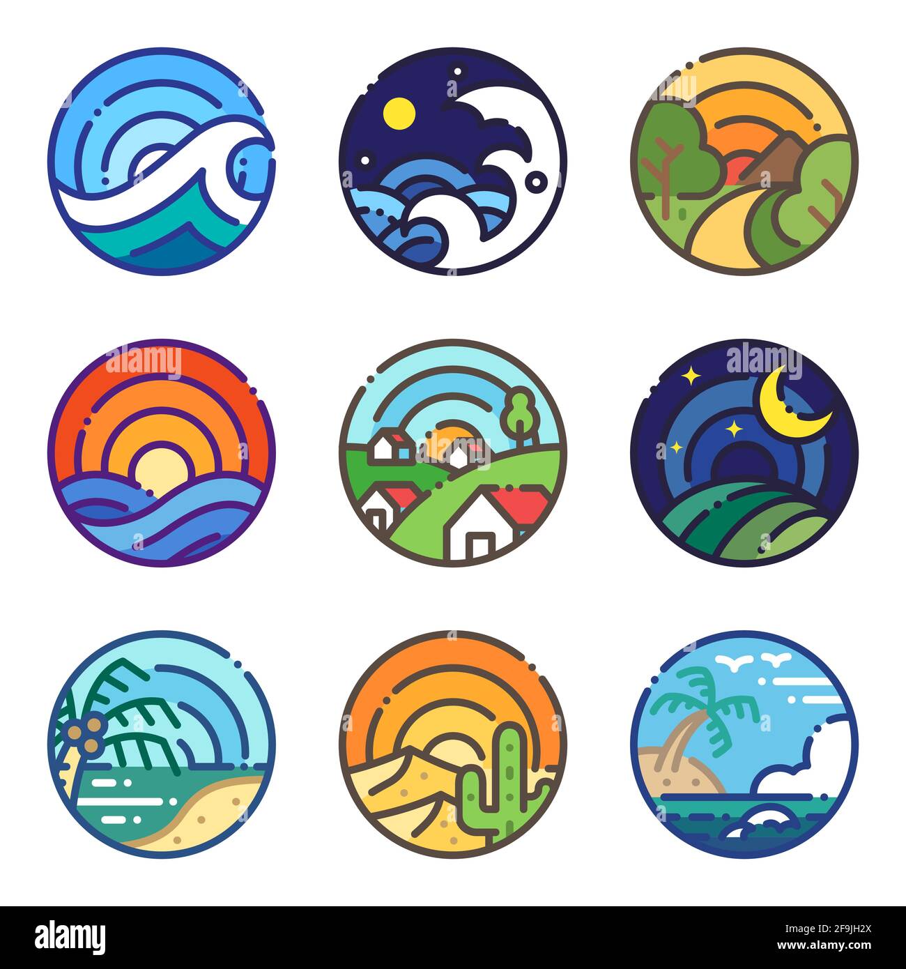 Landschaft Reise Szene Ansicht farbige Linie Symbol. Urlaub Reise Illustration flach Design Stil runde Form. Stock Vektor