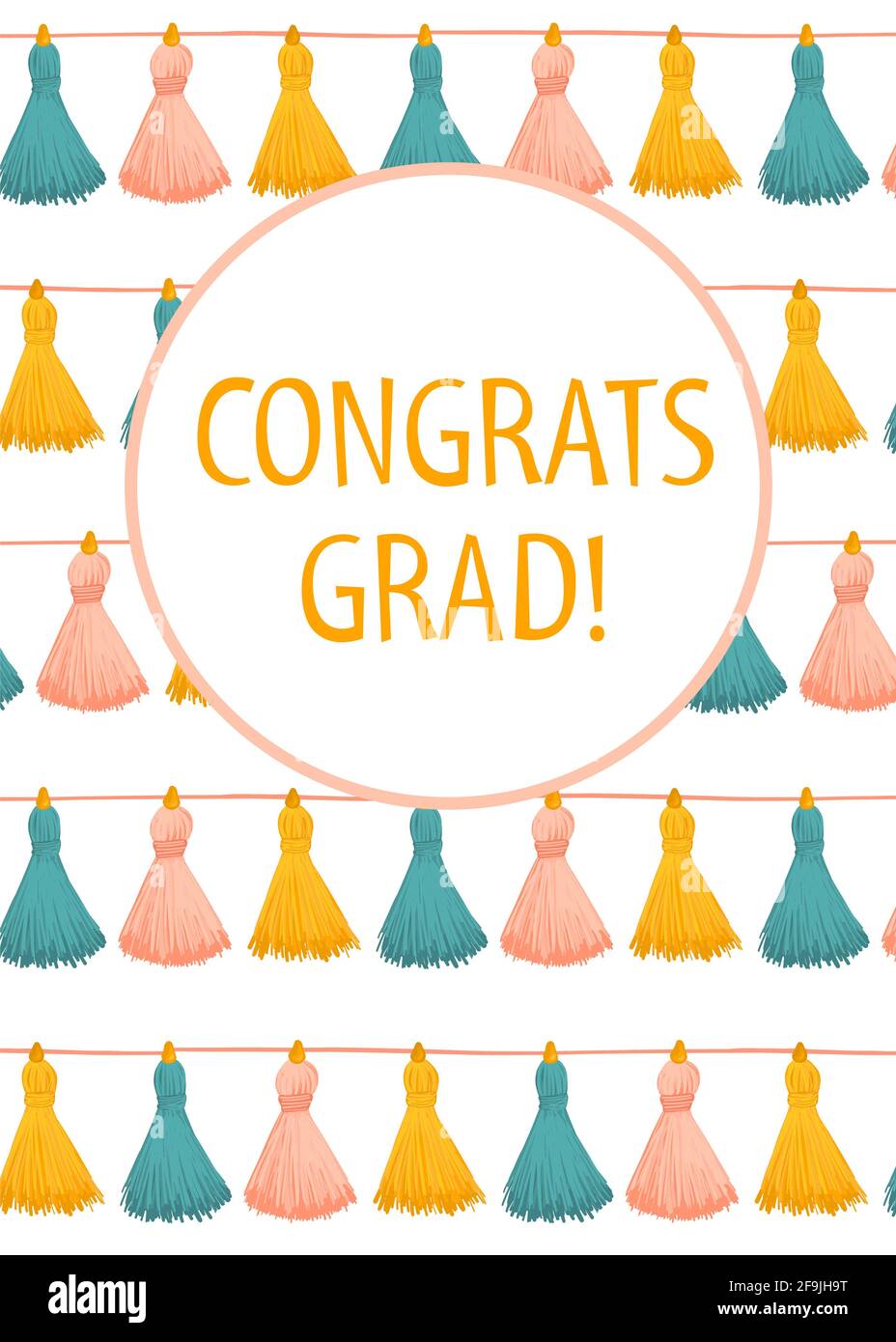 Glückwünsche Graduate Quaste Girlande Karte Vorlage. Herzlichen Glückwunsch Grad Postkarte Grußkarte vertikal mit niedlichen handgezeichneten Quasten. Zeremonie Stockfoto