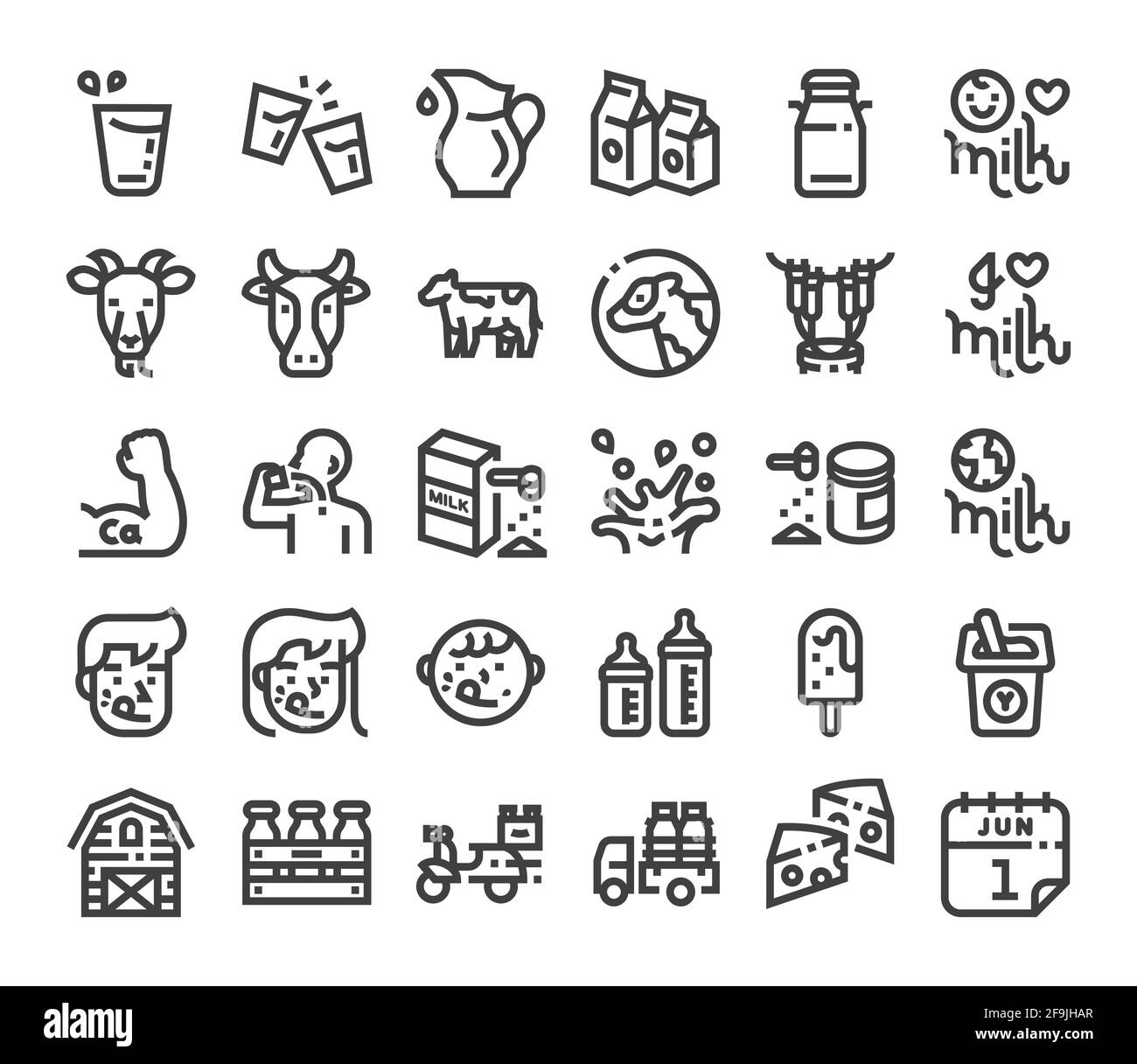 Linearer Vektor für Milchsymbol eingestellt. Milchviehbetrieb und Weltmilchtag-Feier. Stock Vektor