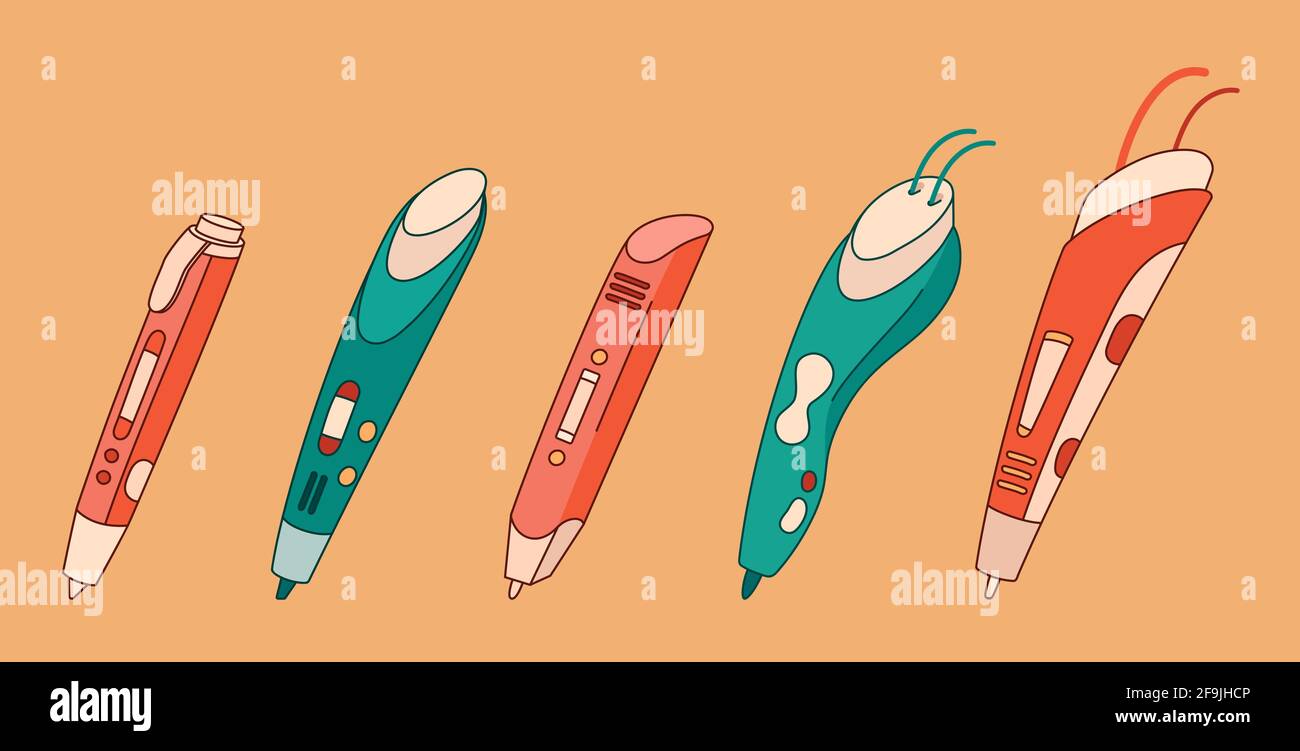 Set aus verschiedenen 3d-Stiften zum Zeichnen und Prototyping. Kinder drei-Dimension-Doodler für Spiele und Bildung. Vektor isolierte Objekte Stock Vektor