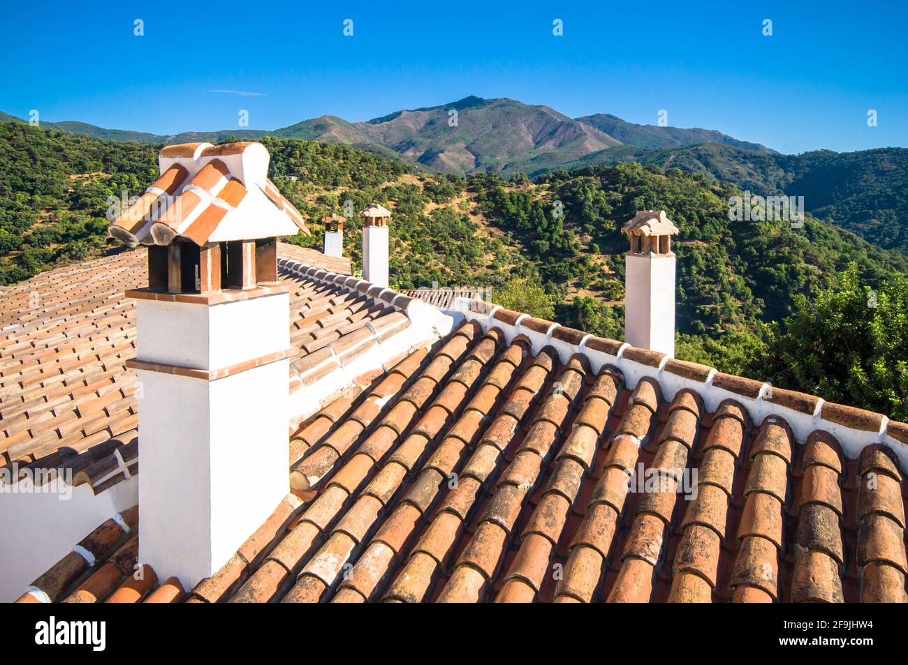 Nahaufnahme eines Schindeldachs eines Gebäudes in Genalguacil, Malaga, Spanien Stockfoto