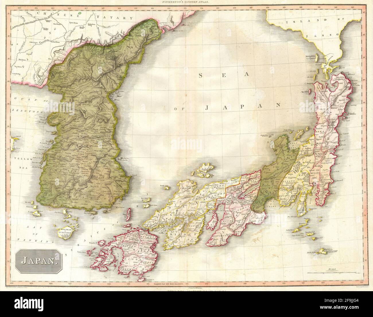 Wunderschöne, handgezeichnete Pinkerton-Karte von Japan aus dem Jahr 1818 mit wunderschönen, farbenfrohen Karten und Illustrationen von Ländern, Regionen und Ozeanen. Stockfoto