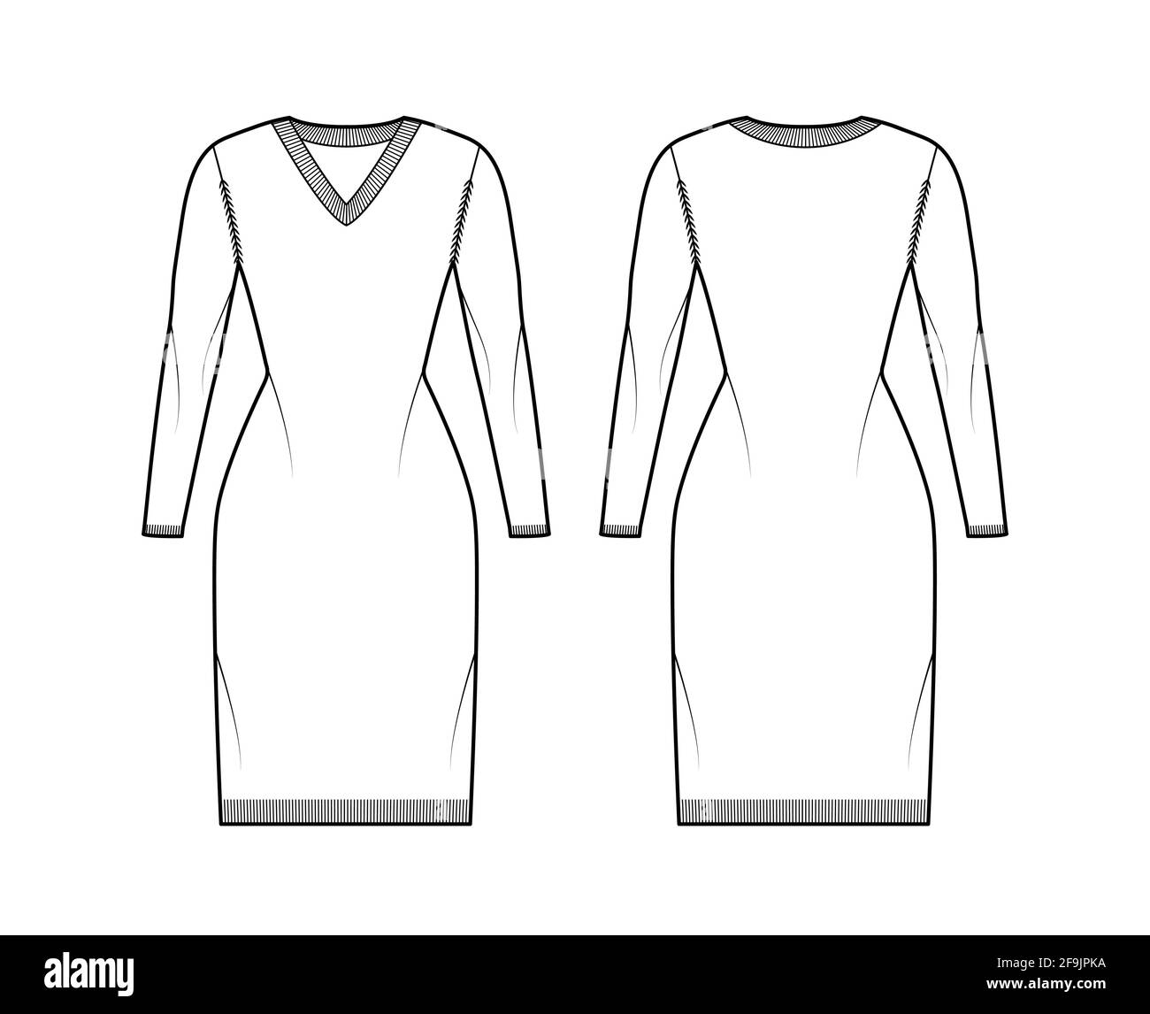 Kleid mit V-Ausschnitt Pullover technische Mode-Illustration mit langen Ärmeln, Slim Fit, knielang, Rippenstrick. Flatpullover-Bekleidung vorne, hinten, in weißer Farbgebung. Frauen, Männer Unisex-CAD-Modell Stock Vektor