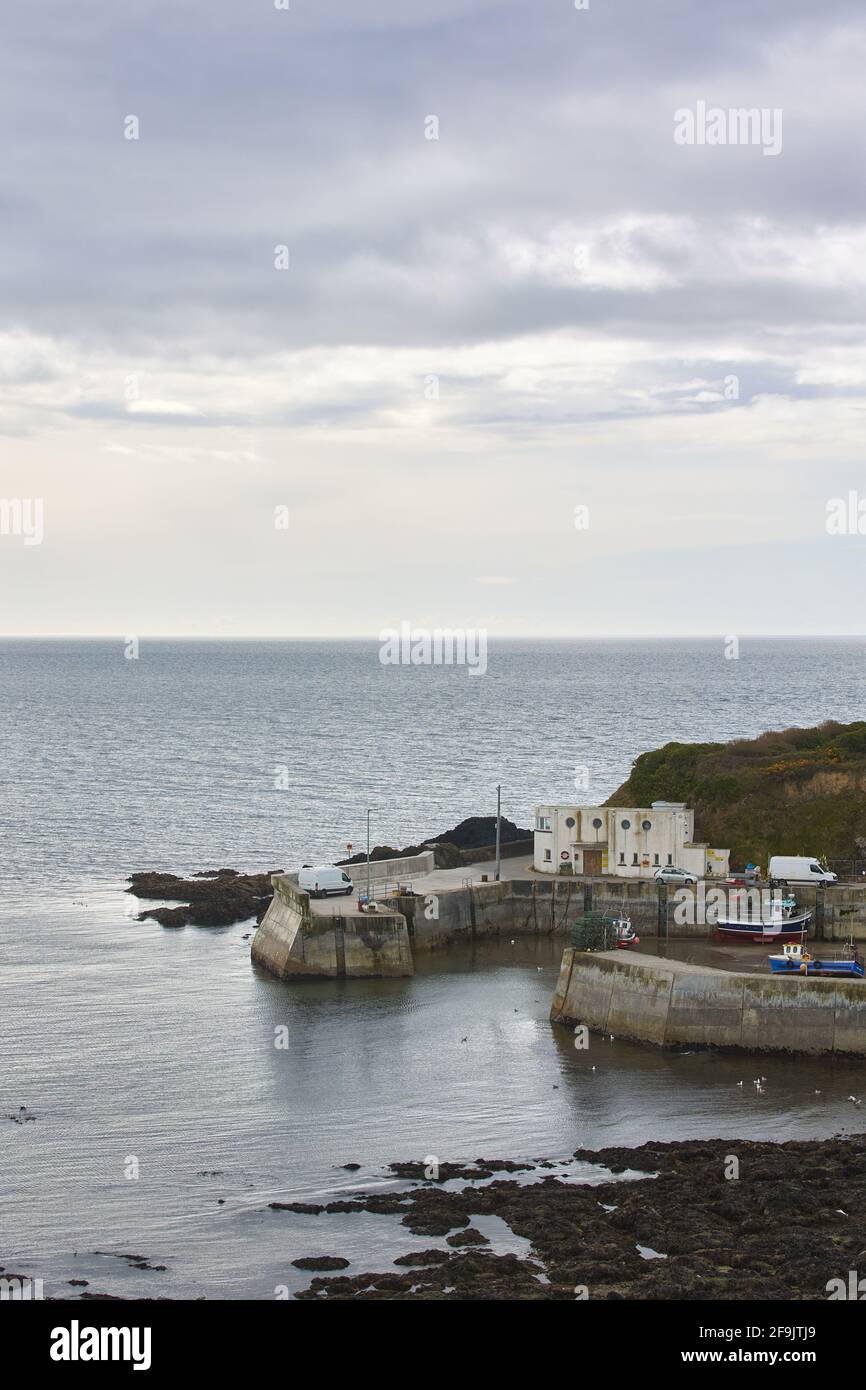 Irish Fischereihafen in Ballylane East Waterford County. wolkiger Tag und Ozeanlinie. Vertikale Aufnahme Stockfoto