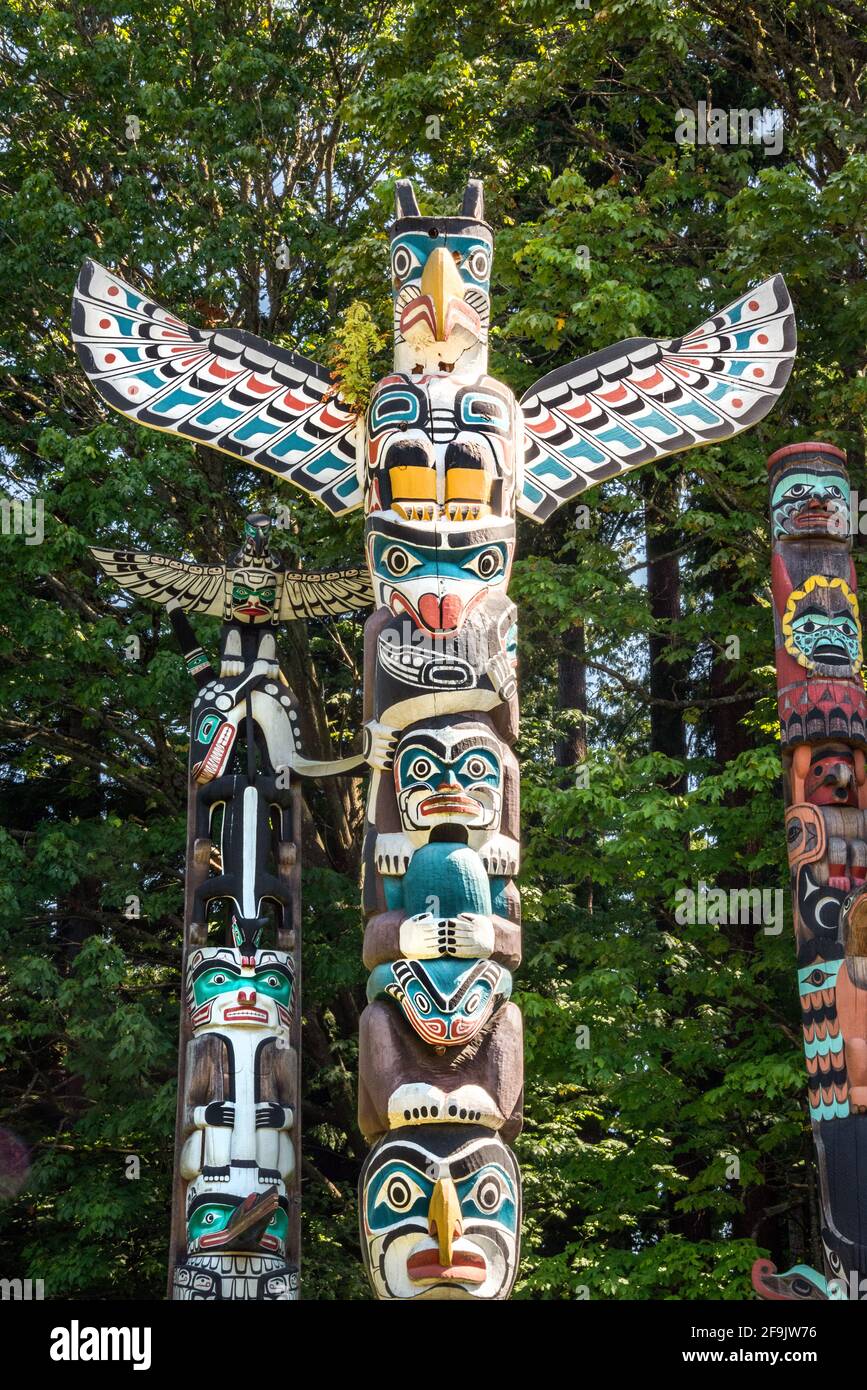 Stanley Park Totem Poles in Vancouver, British Columbia, Kanada Stockfoto