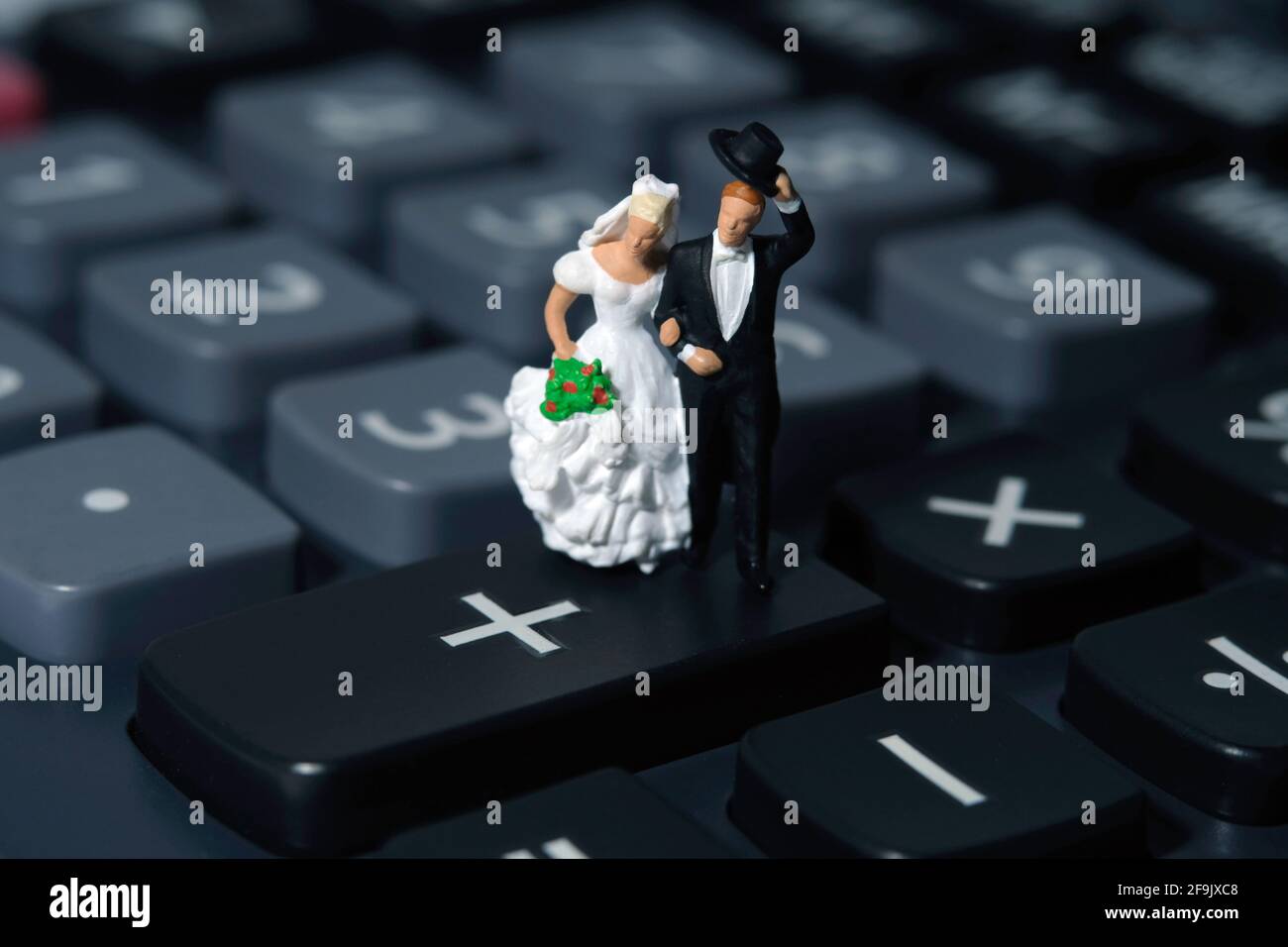 Braut und Bräutigam Miniatur Menschen stehen über Rechner. Hochzeitsplan Budget- und Finanzkonzept Stockfoto